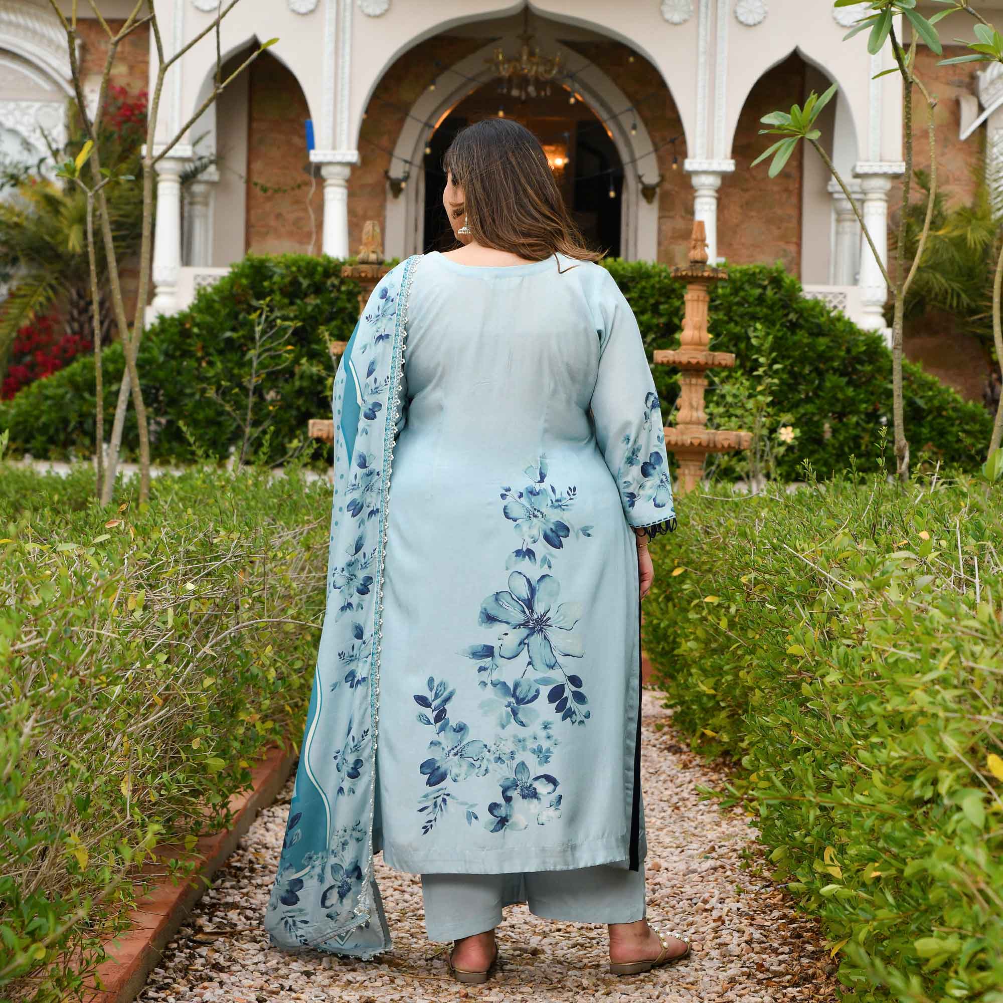 Pearl Dream- Light Steel Blue Floral Printed Pure Muslin Suit Set
