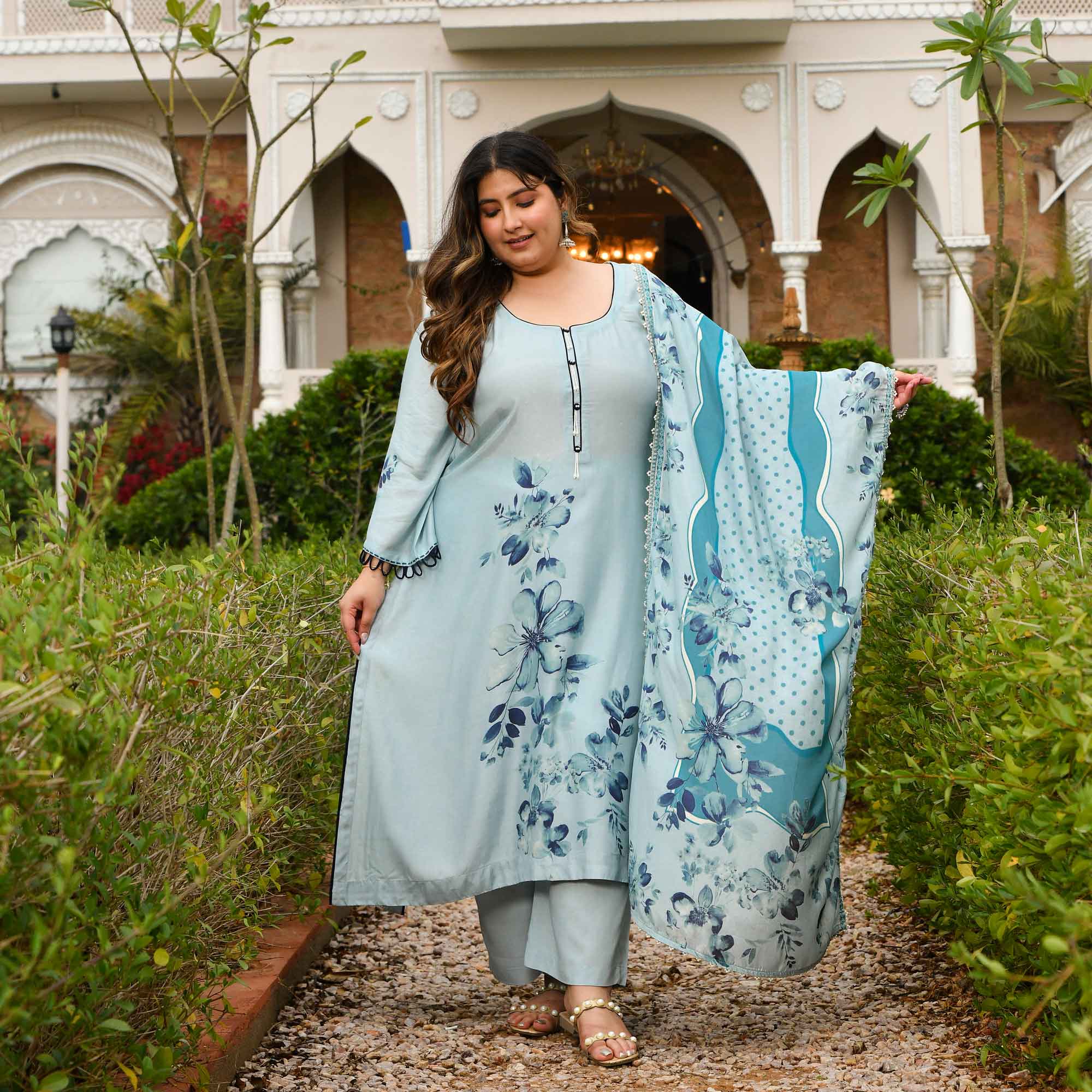 Pearl Dream- Light Steel Blue Floral Printed Pure Muslin Suit Set