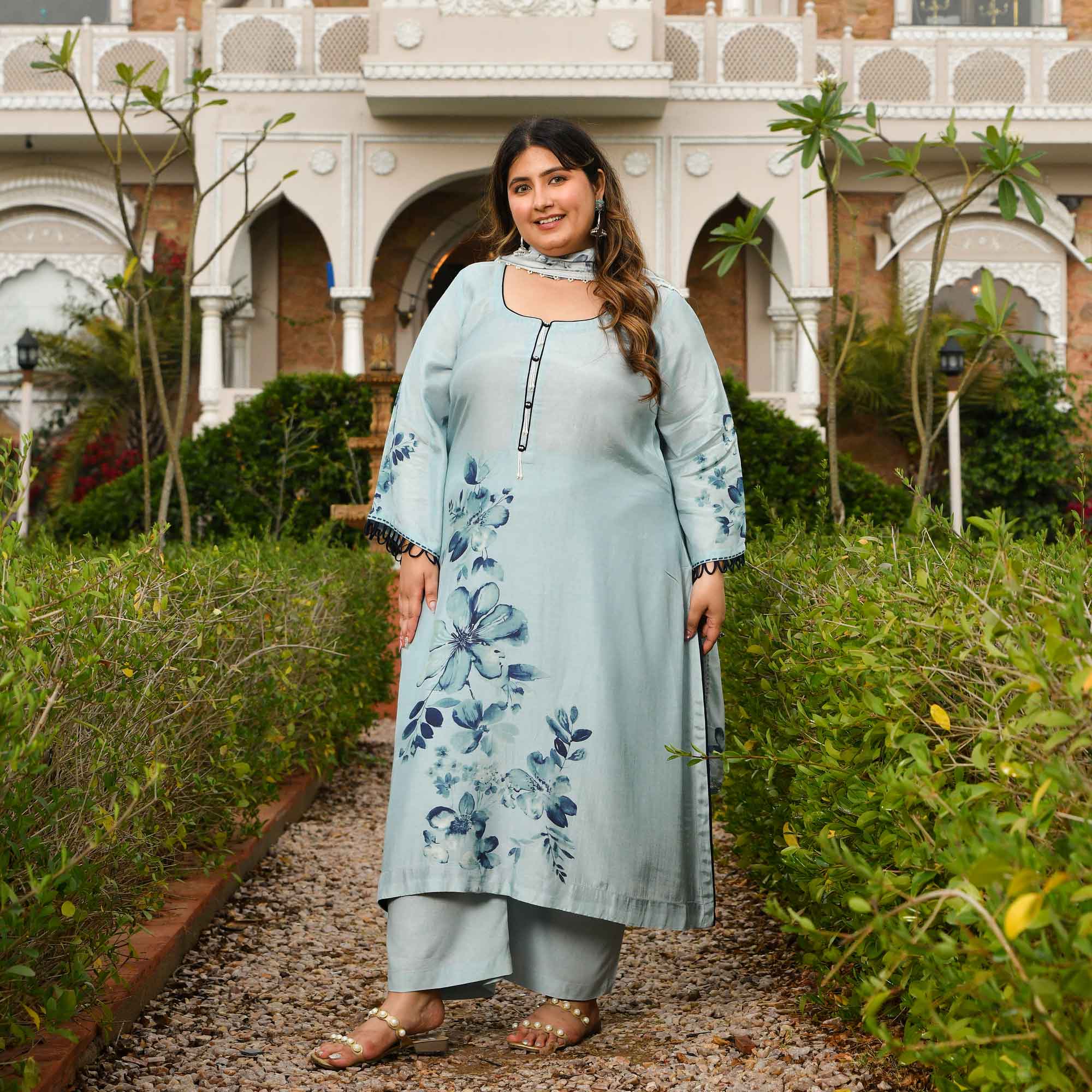 Pearl Dream- Light Steel Blue Floral Printed Pure Muslin Suit Set
