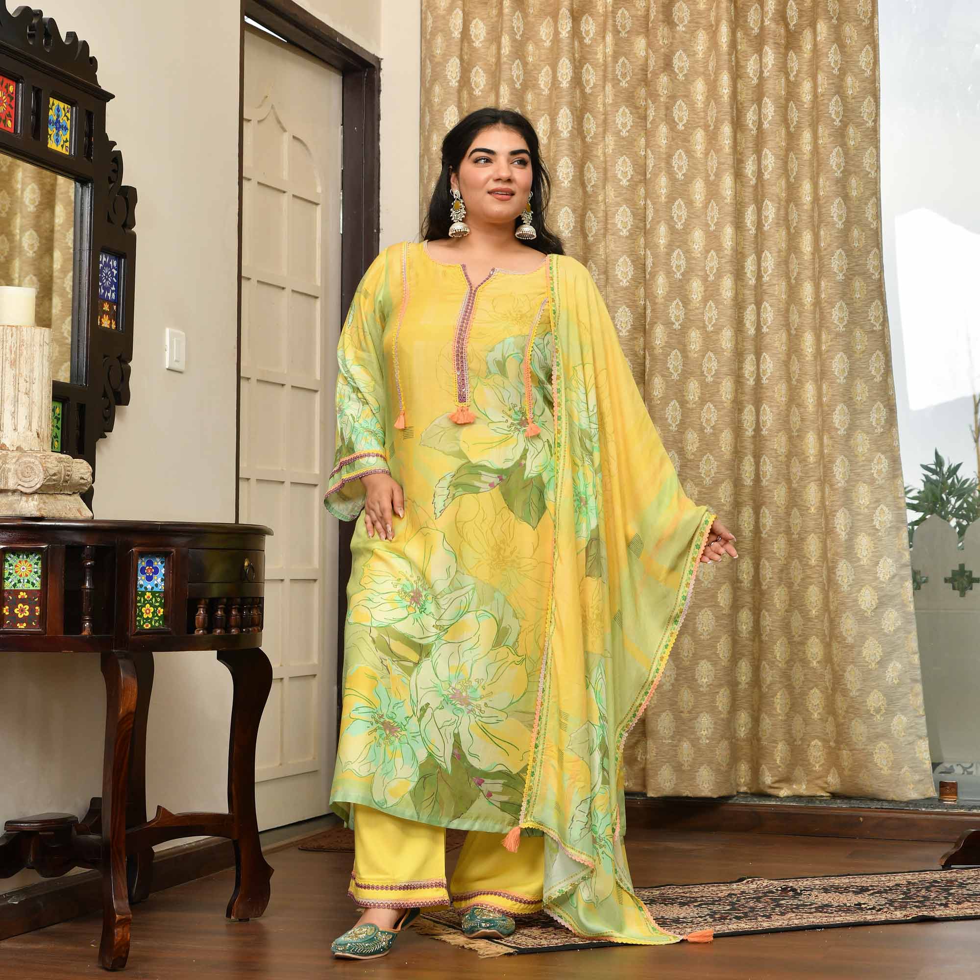 Fresh Lime- Lemon Yellow Floral Pure Muslin Suit Set