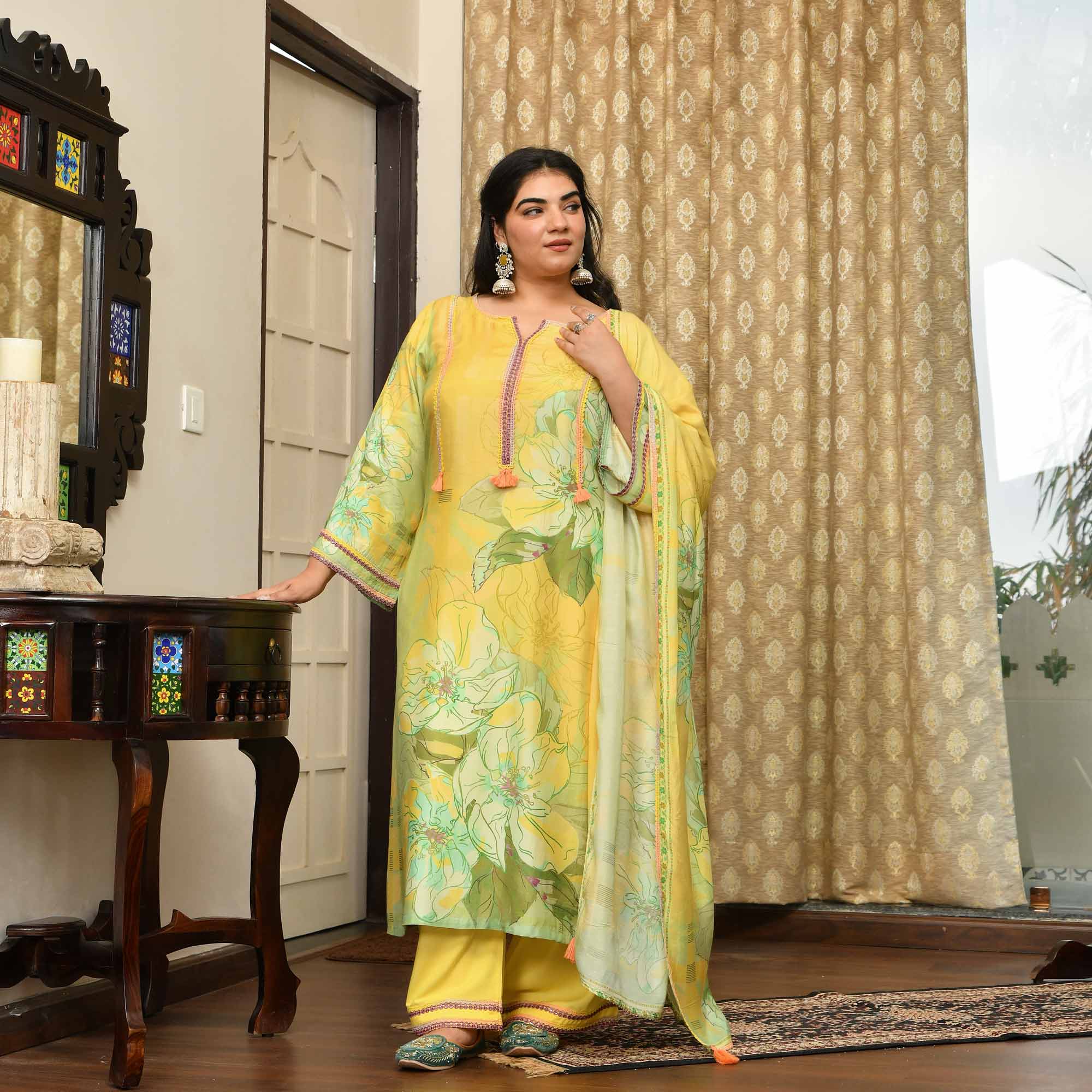 Fresh Lime- Lemon Yellow Floral Pure Muslin Suit Set