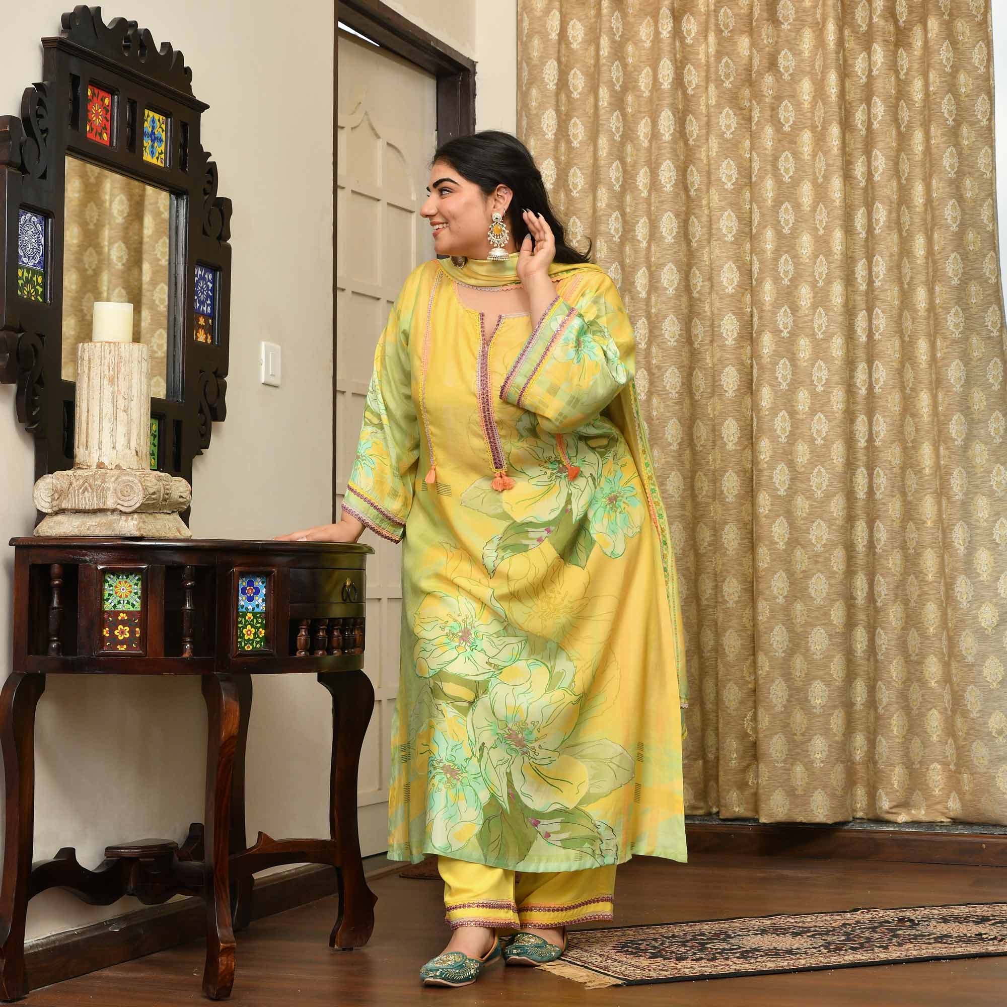 Fresh Lime- Lemon Yellow Floral Pure Muslin Suit Set