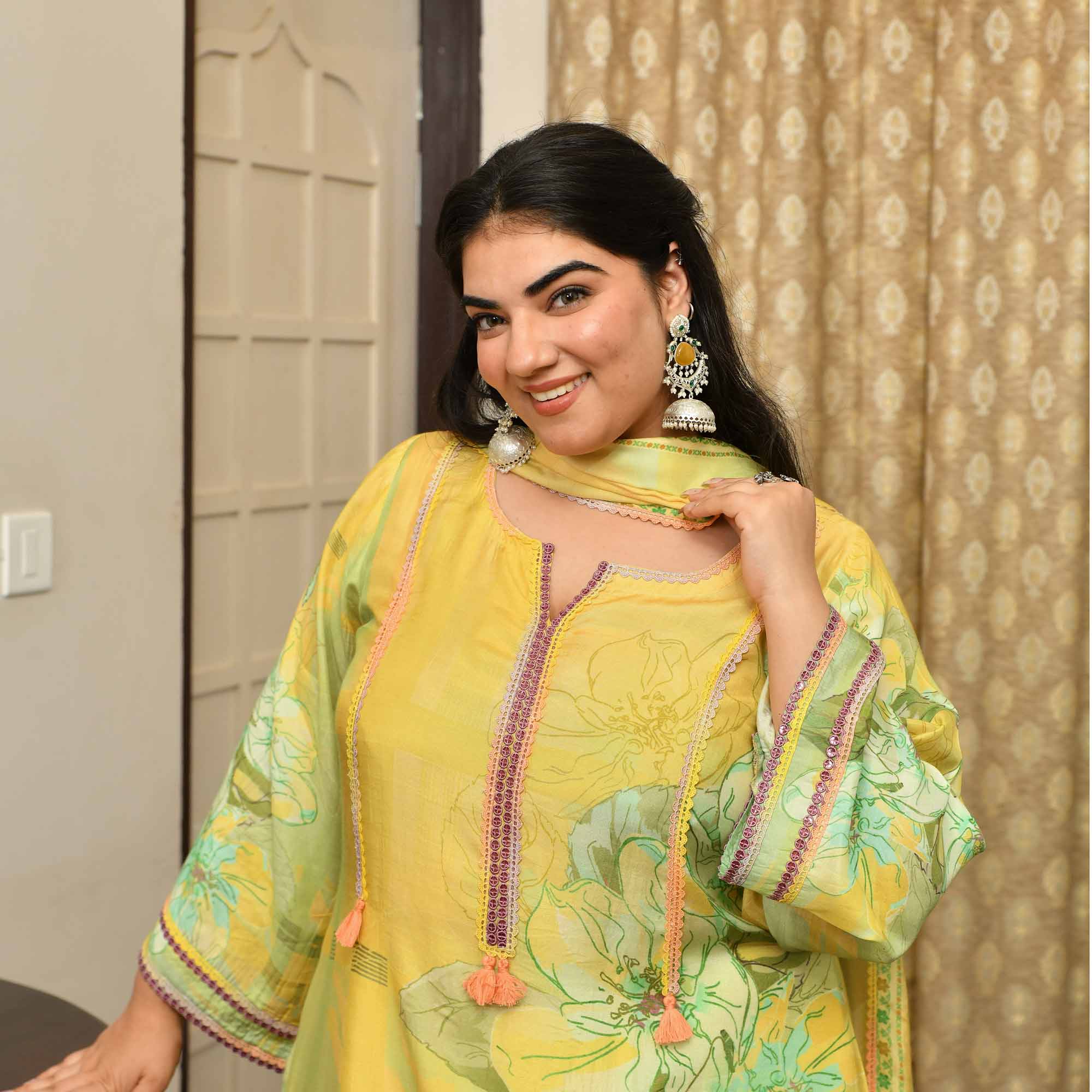 Fresh Lime- Lemon Yellow Floral Pure Muslin Suit Set