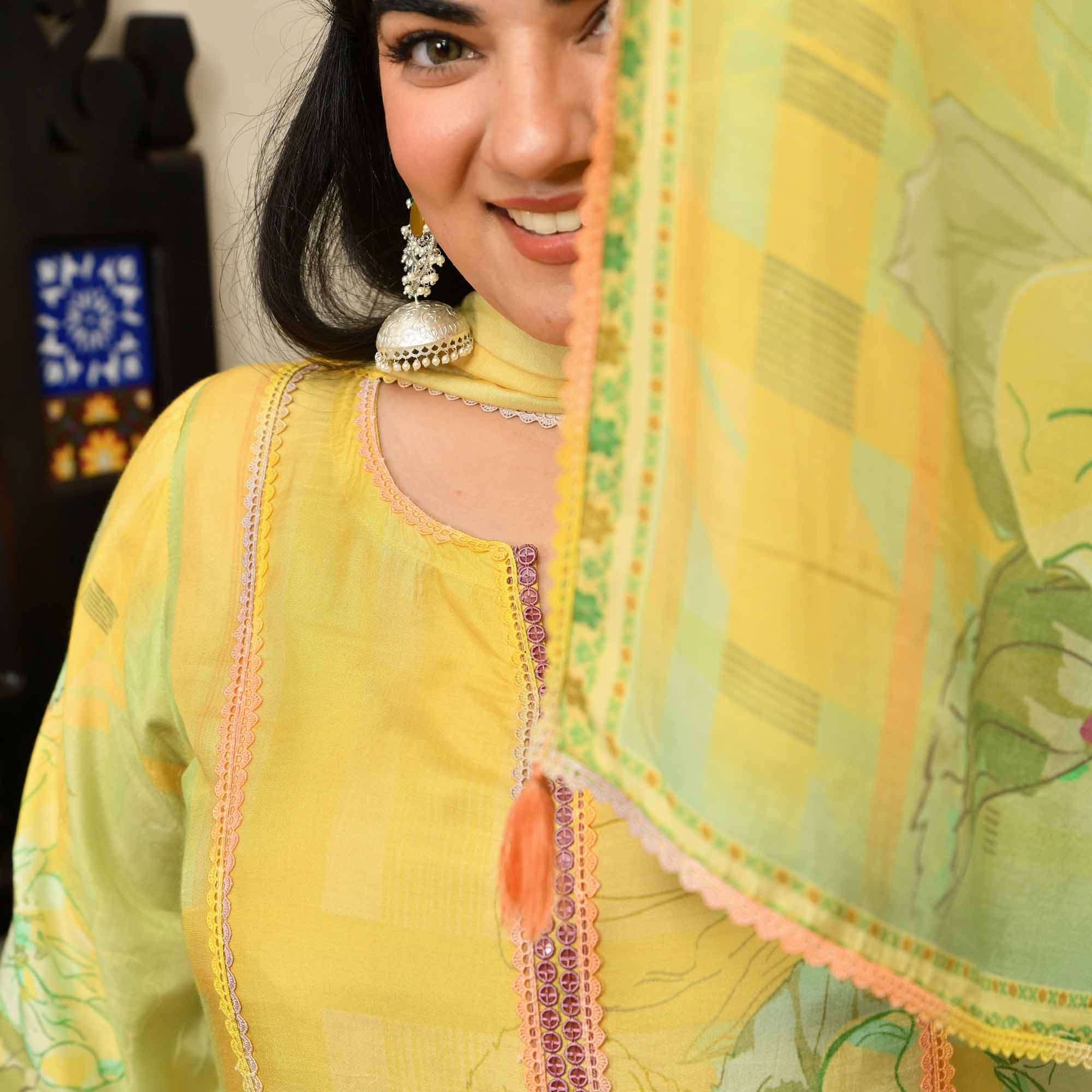 Fresh Lime- Lemon Yellow Floral Pure Muslin Suit Set