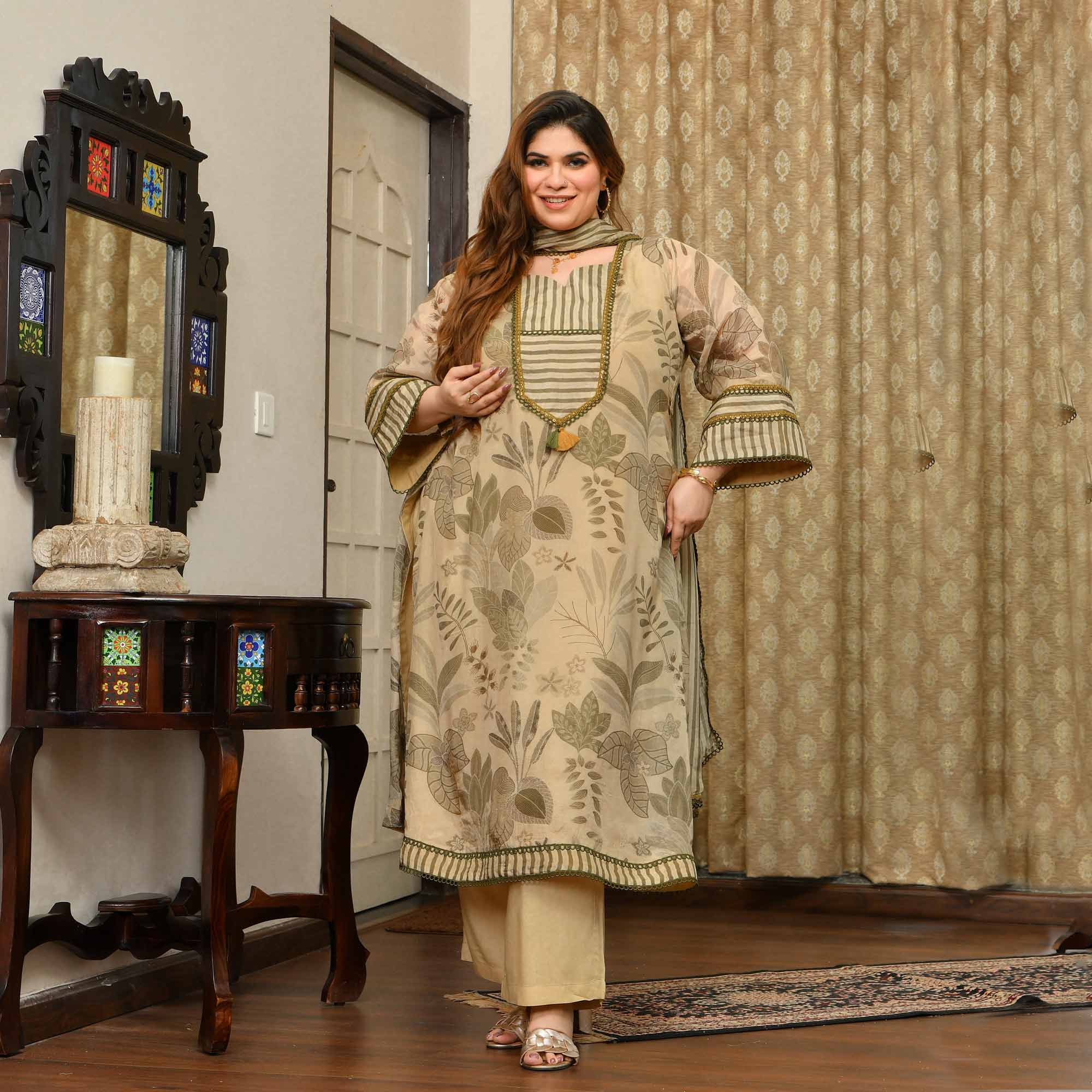 Cashmere- Buttercream Tropical Printed Pure Organza Suit Set