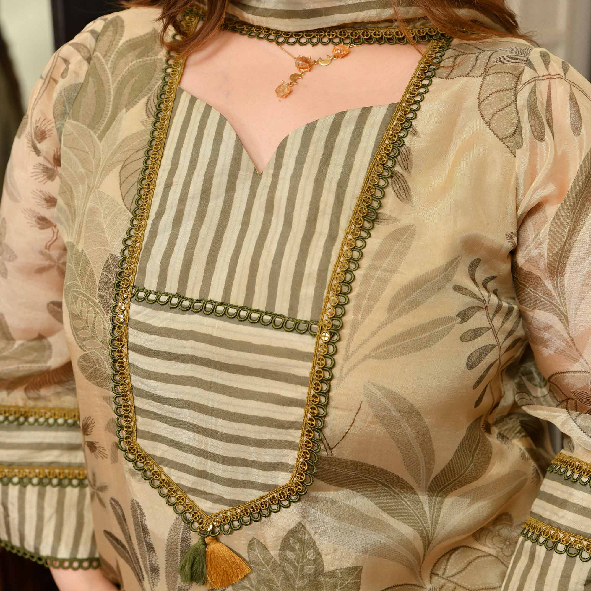 Cashmere- Buttercream Tropical Printed Pure Organza Suit Set
