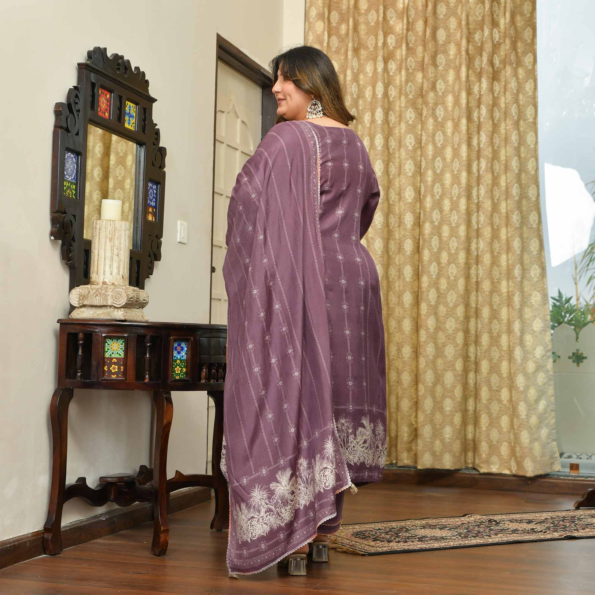 Marshmallow- Dark Mauve Floral Pure Muslin Suit Set