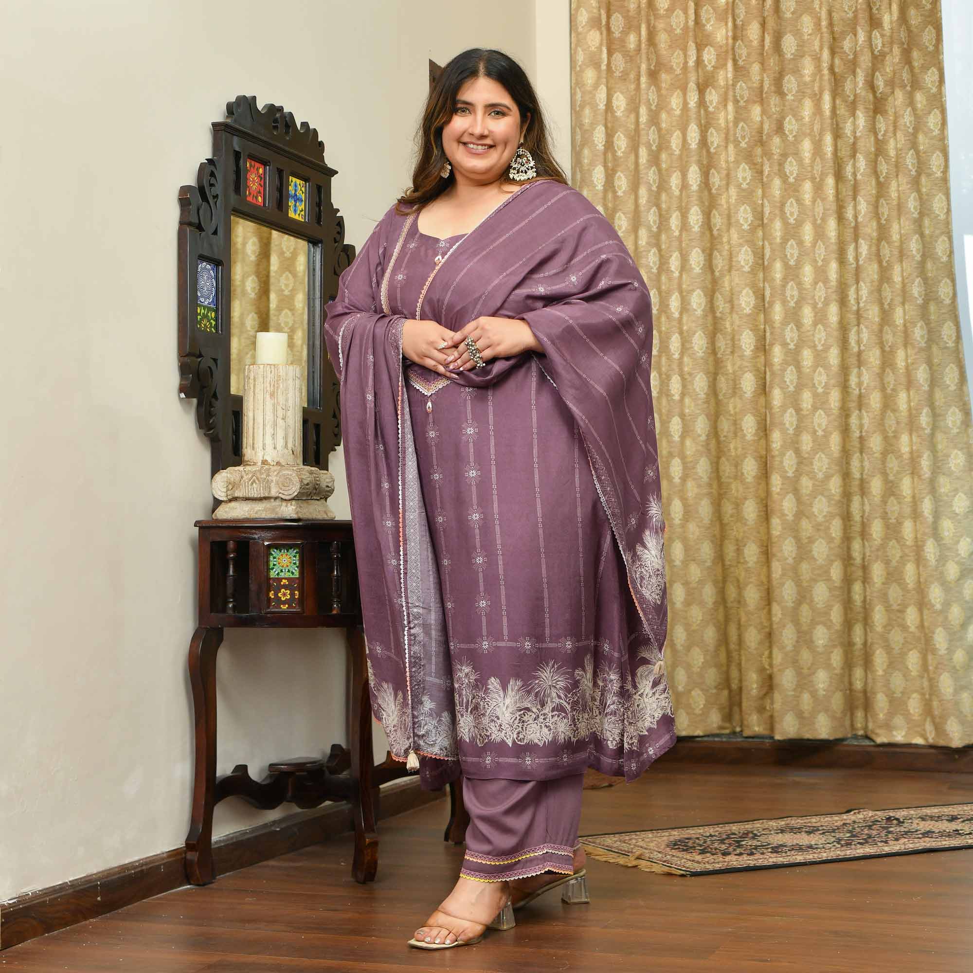 Marshmallow- Dark Mauve Floral Pure Muslin Suit Set