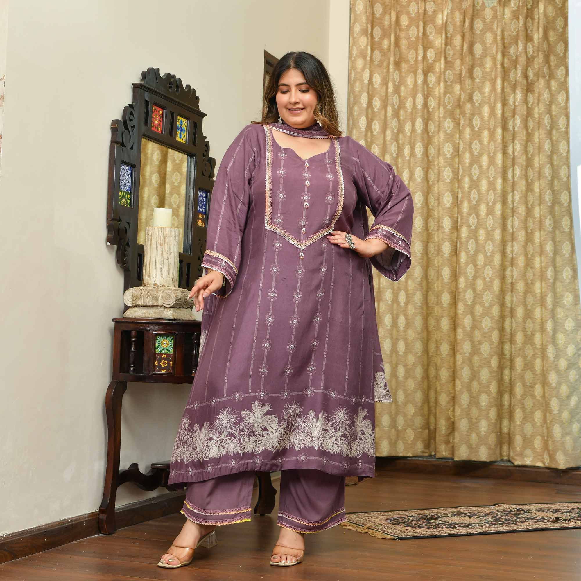 Marshmallow- Dark Mauve Floral Pure Muslin Suit Set