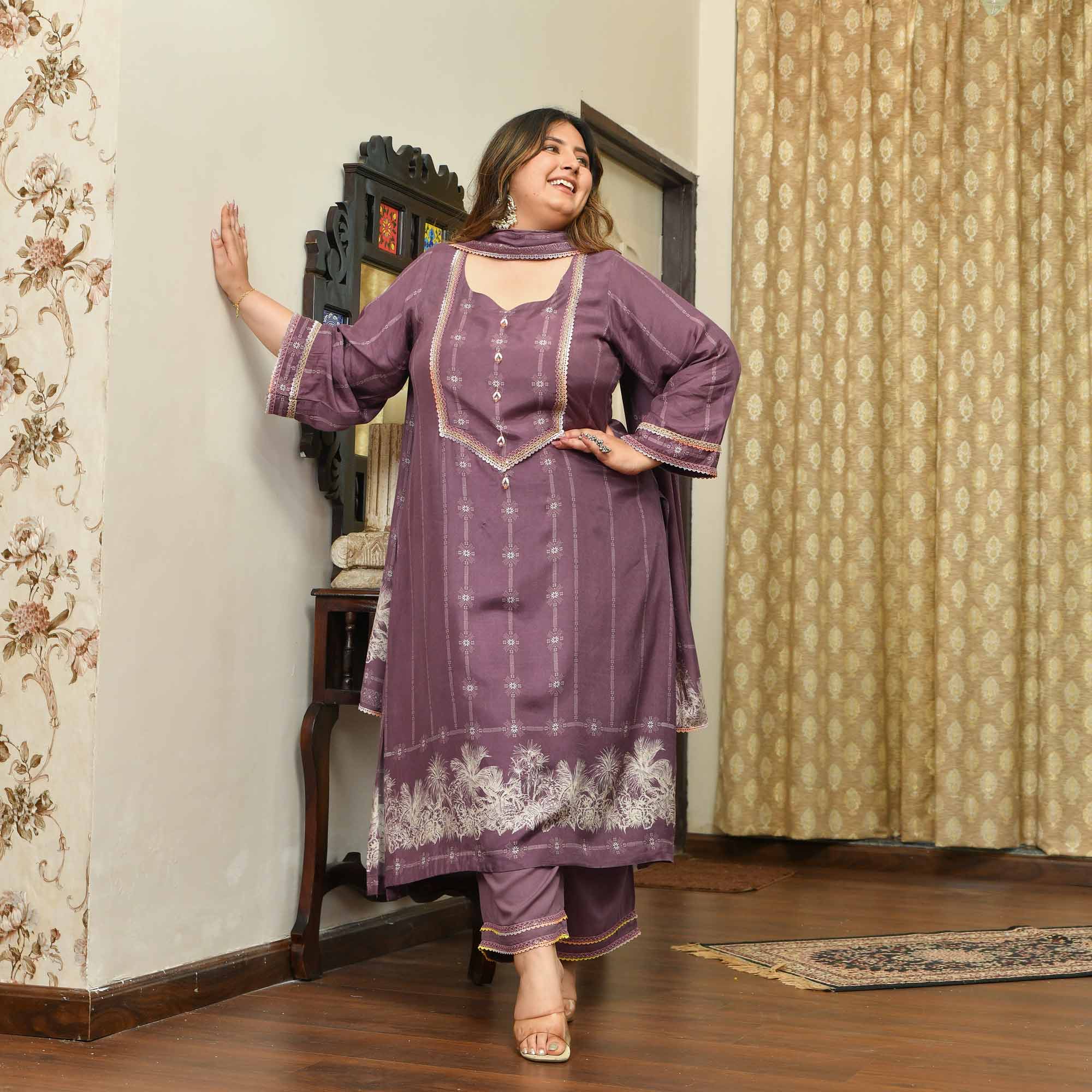 Marshmallow- Dark Mauve Floral Pure Muslin Suit Set