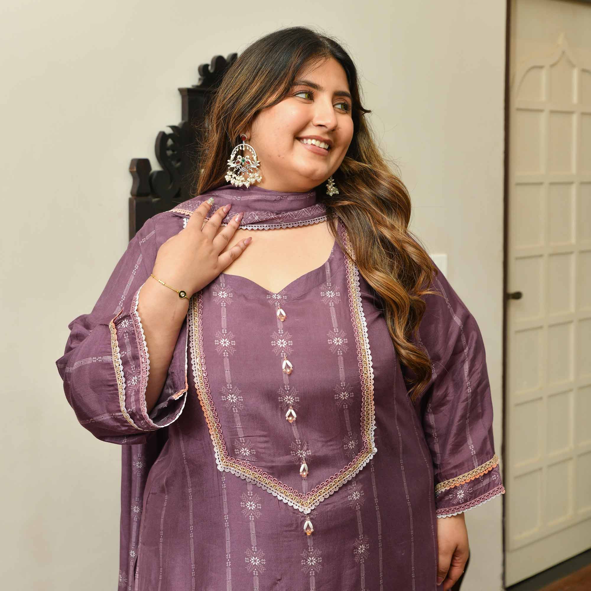 Marshmallow- Dark Mauve Floral Pure Muslin Suit Set