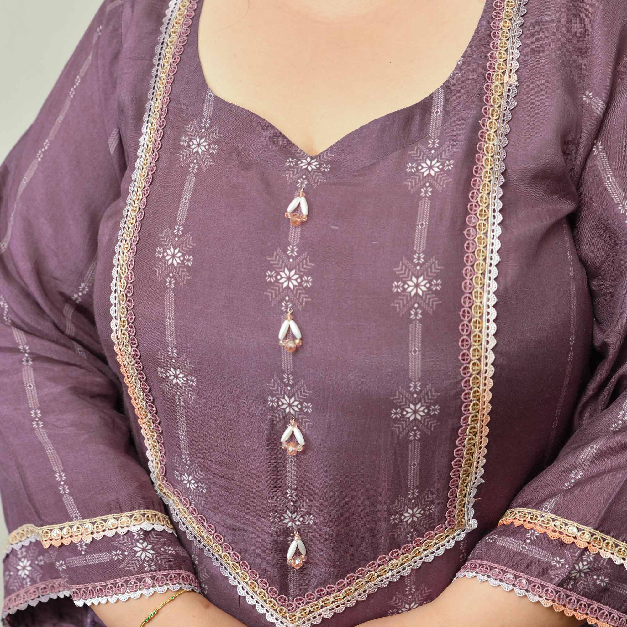 Marshmallow- Dark Mauve Floral Pure Muslin Suit Set