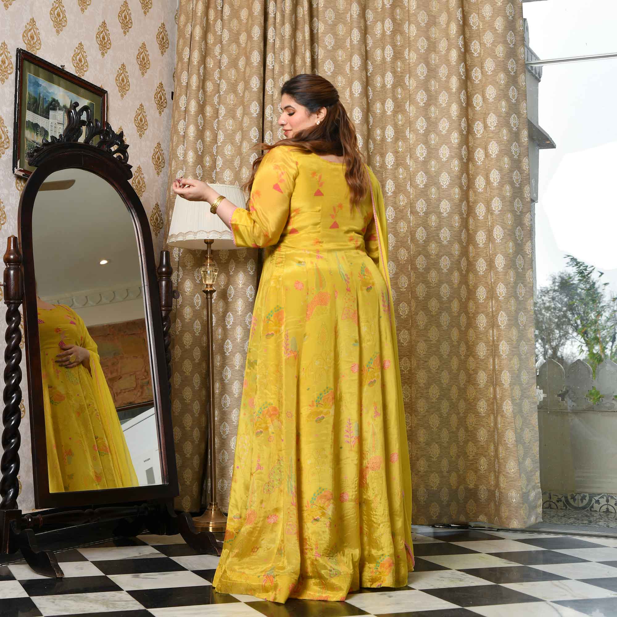 Butter Bouquet- Bright Yellow Floral Printed Pure Organza Anarkali Set