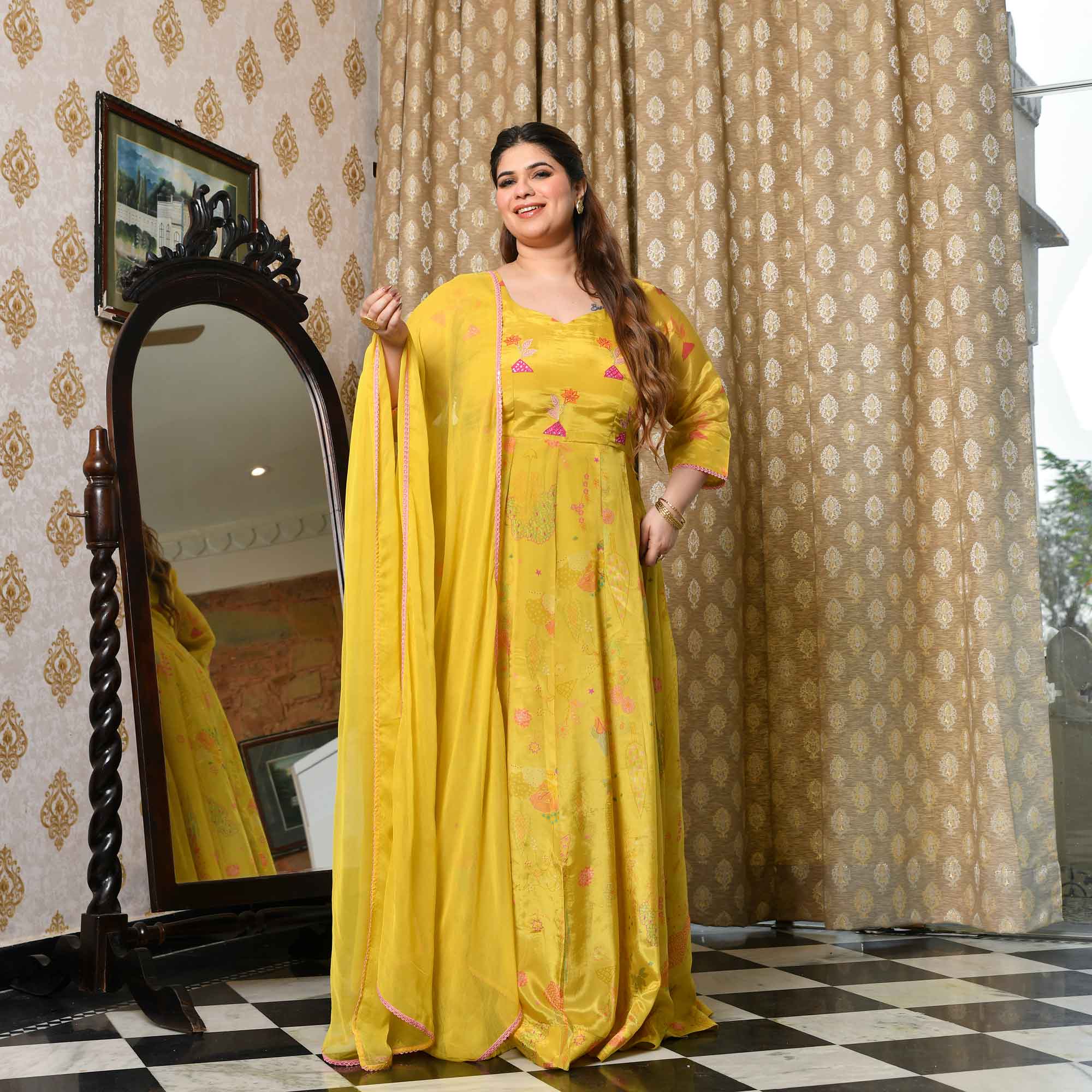 Butter Bouquet- Bright Yellow Floral Printed Pure Organza Anarkali Set