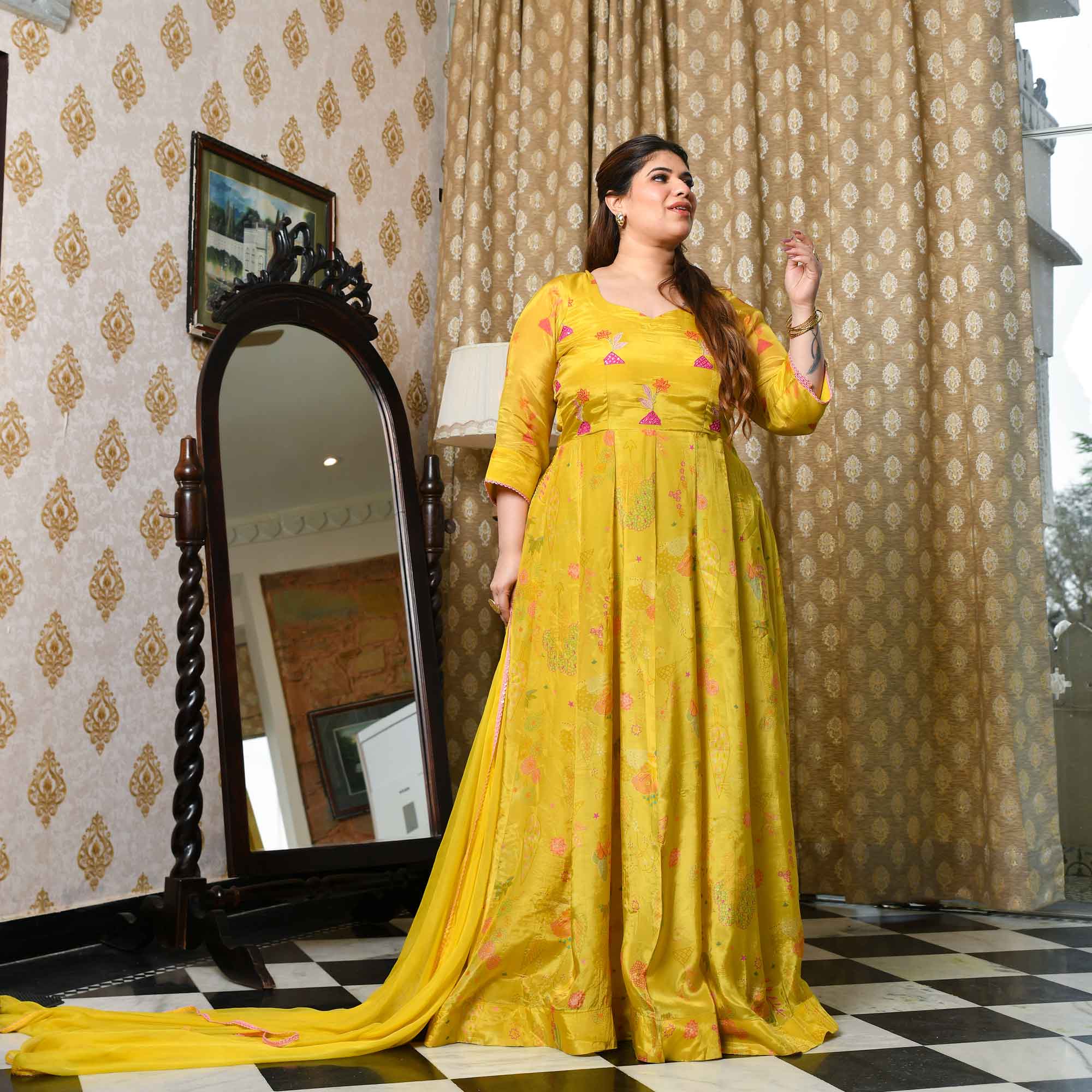 Butter Bouquet- Bright Yellow Floral Printed Pure Organza Anarkali Set
