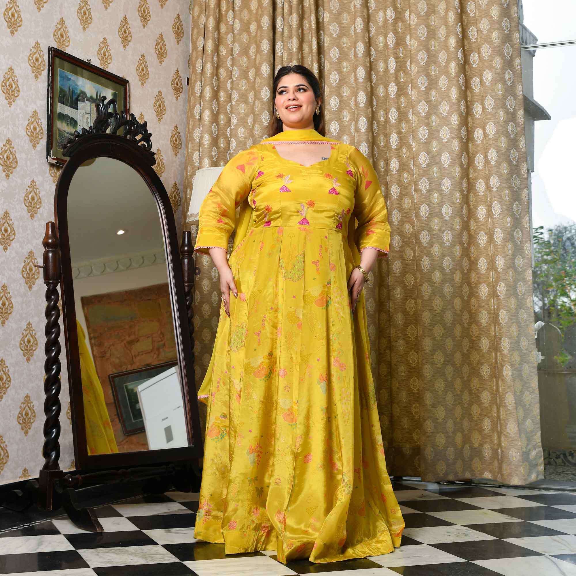 Butter Bouquet- Bright Yellow Floral Printed Pure Organza Anarkali Set