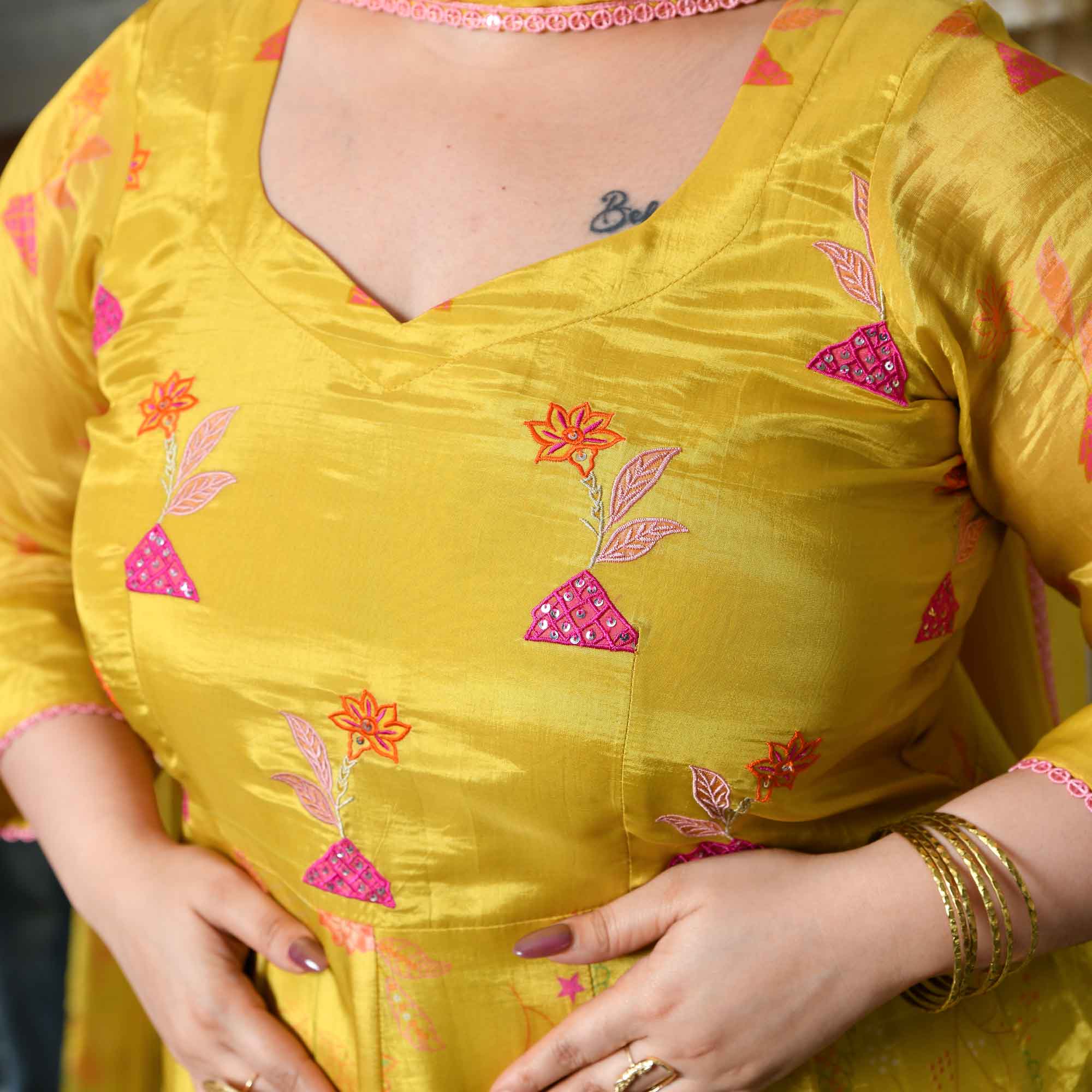 Butter Bouquet- Bright Yellow Floral Printed Pure Organza Anarkali Set