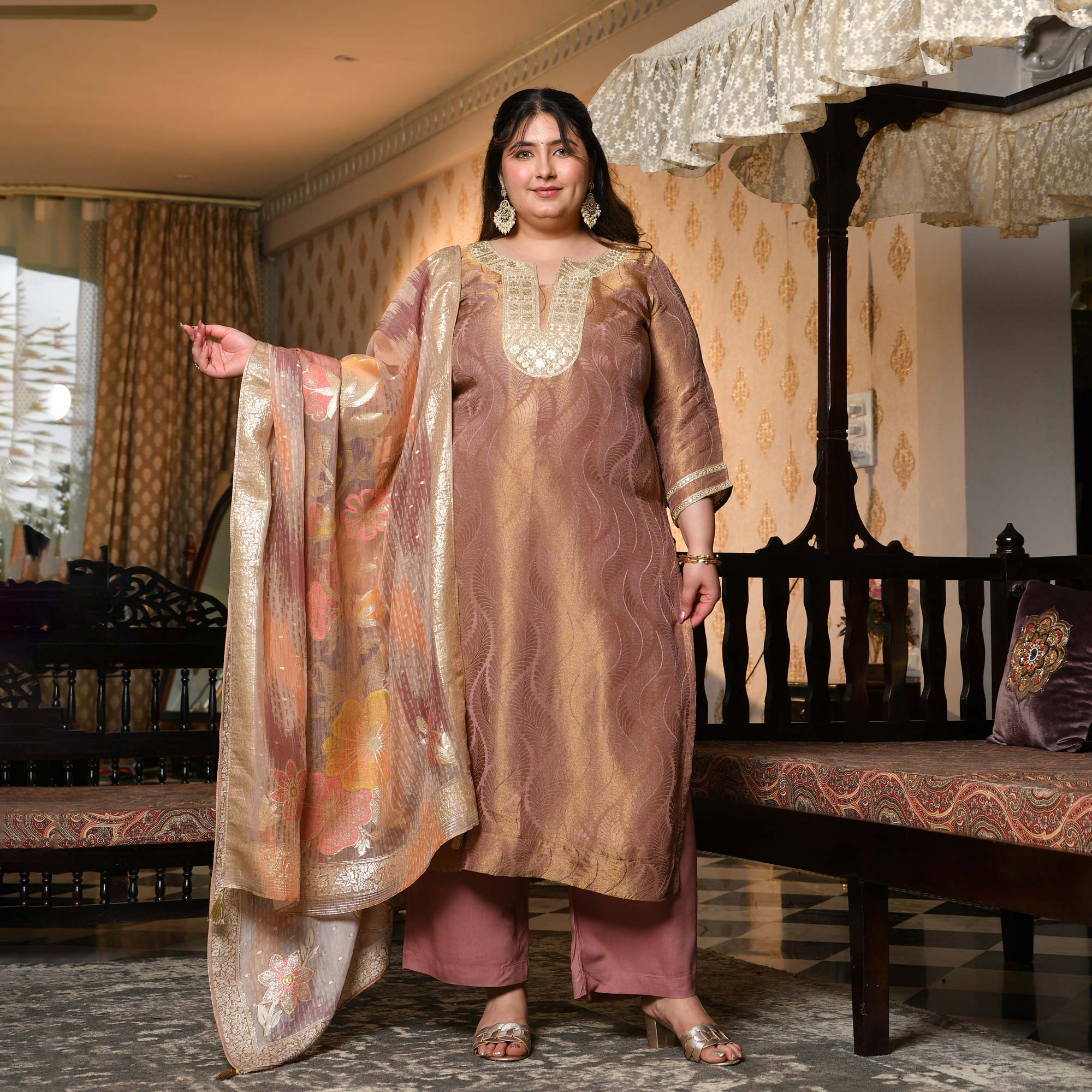 Radha- Rosy Brown Pure Tissue Silk Banarasi suit set