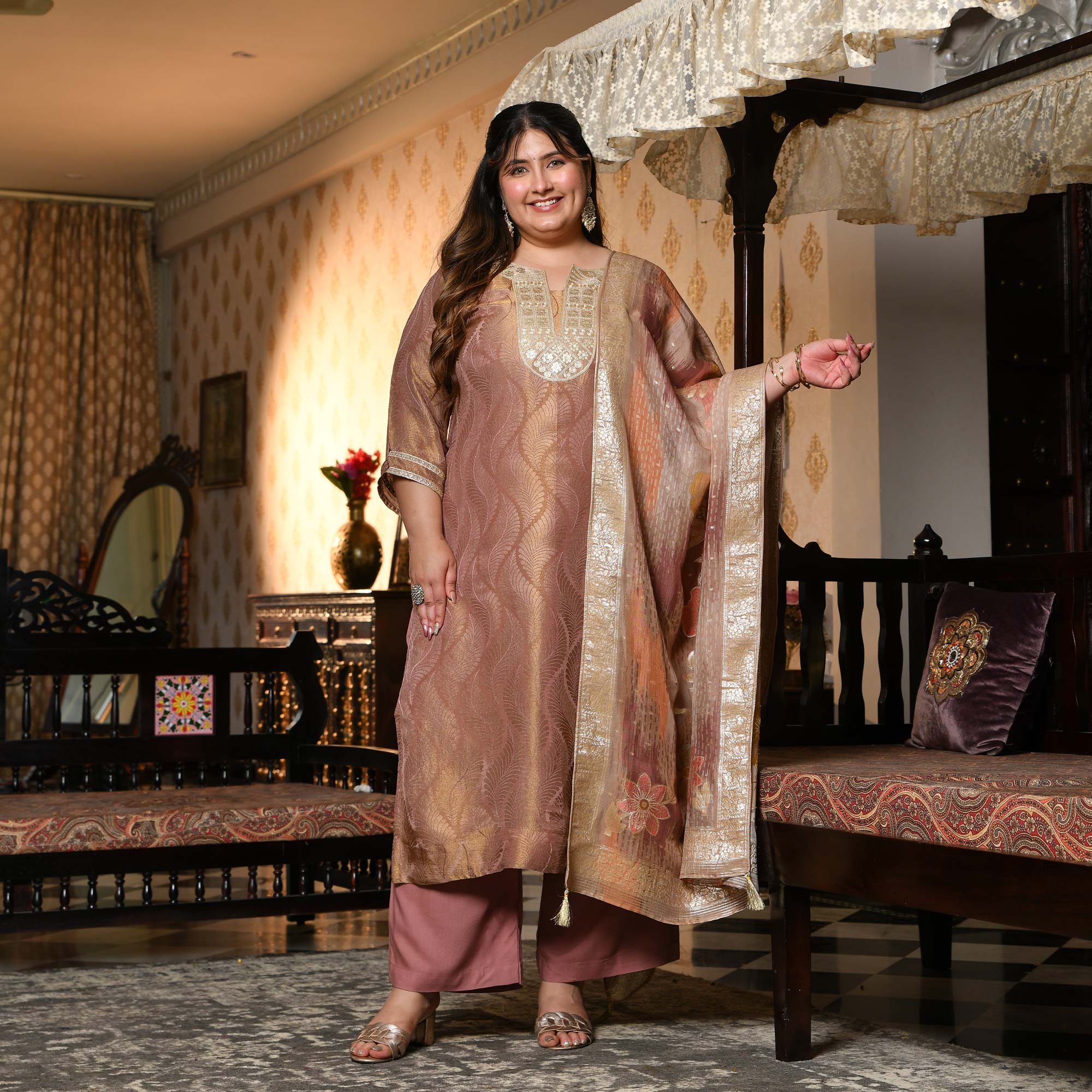 Radha- Rosy Brown Pure Tissue Silk Banarasi suit set