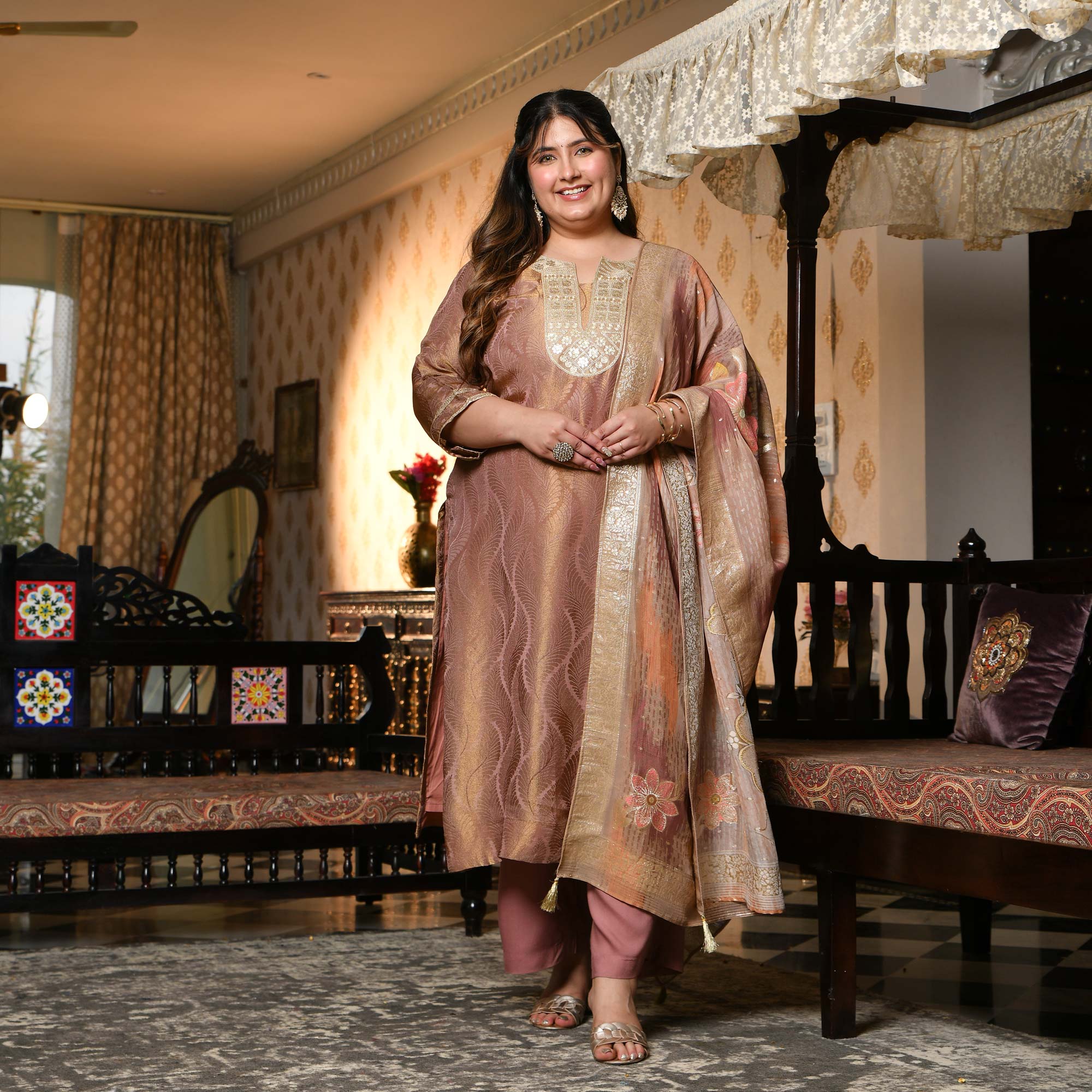 Radha- Rosy Brown Pure Tissue Silk Banarasi suit set
