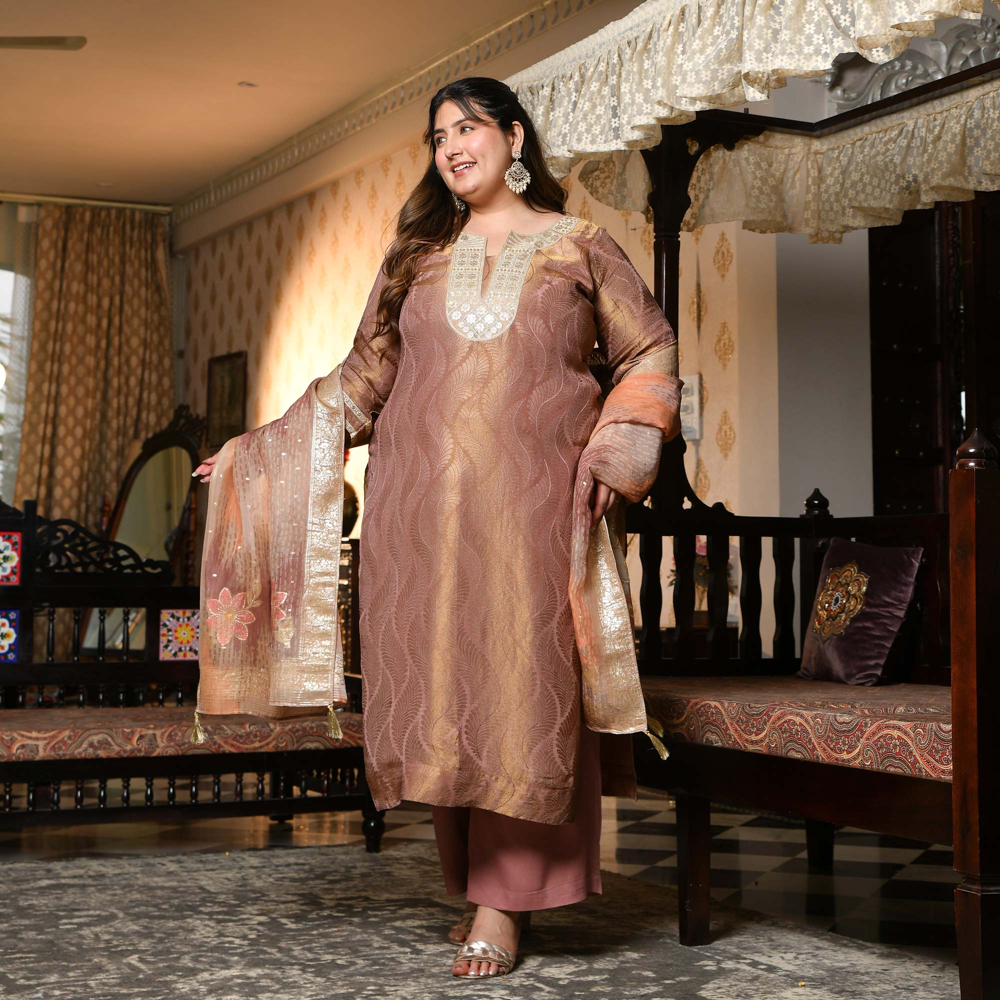 Radha- Rosy Brown Pure Tissue Silk Banarasi suit set
