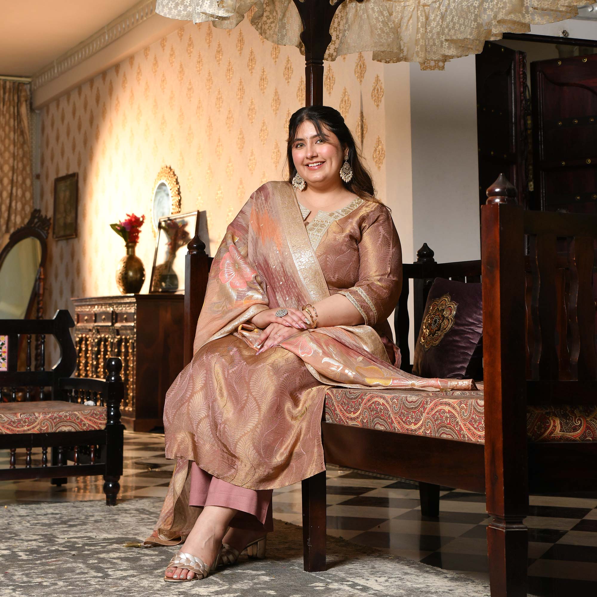 Radha- Rosy Brown Pure Tissue Silk Banarasi suit set