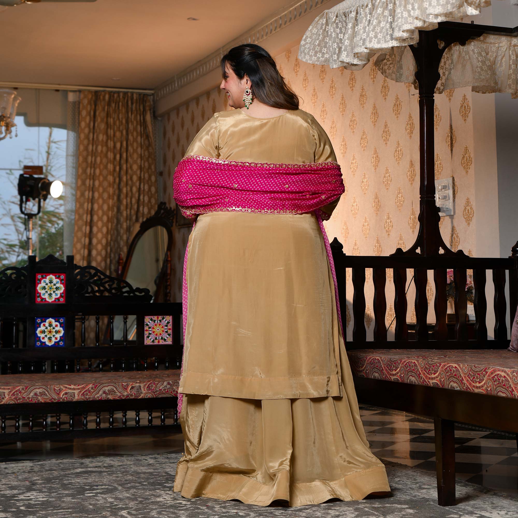 Ishq wala Love- Gold & Pink Pure Crepe Cutdana Embroidered Kurta Skirt Set