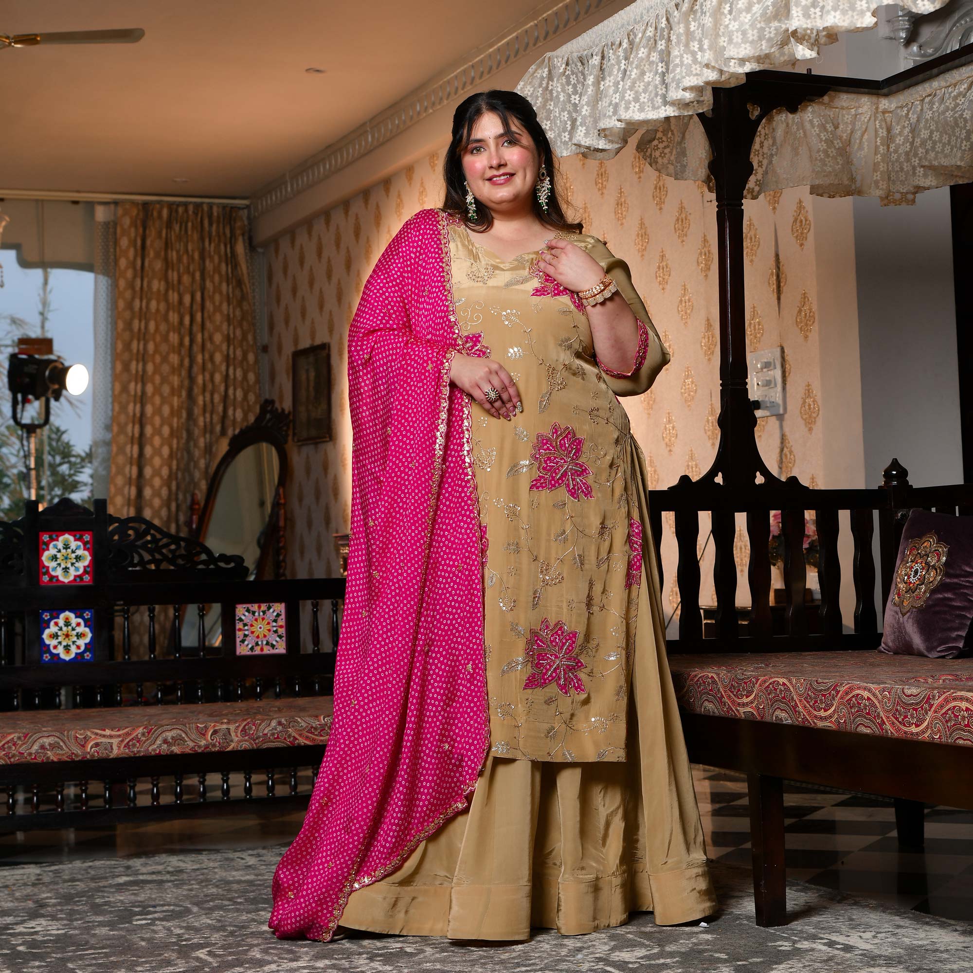 Ishq wala Love- Gold & Pink Pure Crepe Cutdana Embroidered Kurta Skirt Set