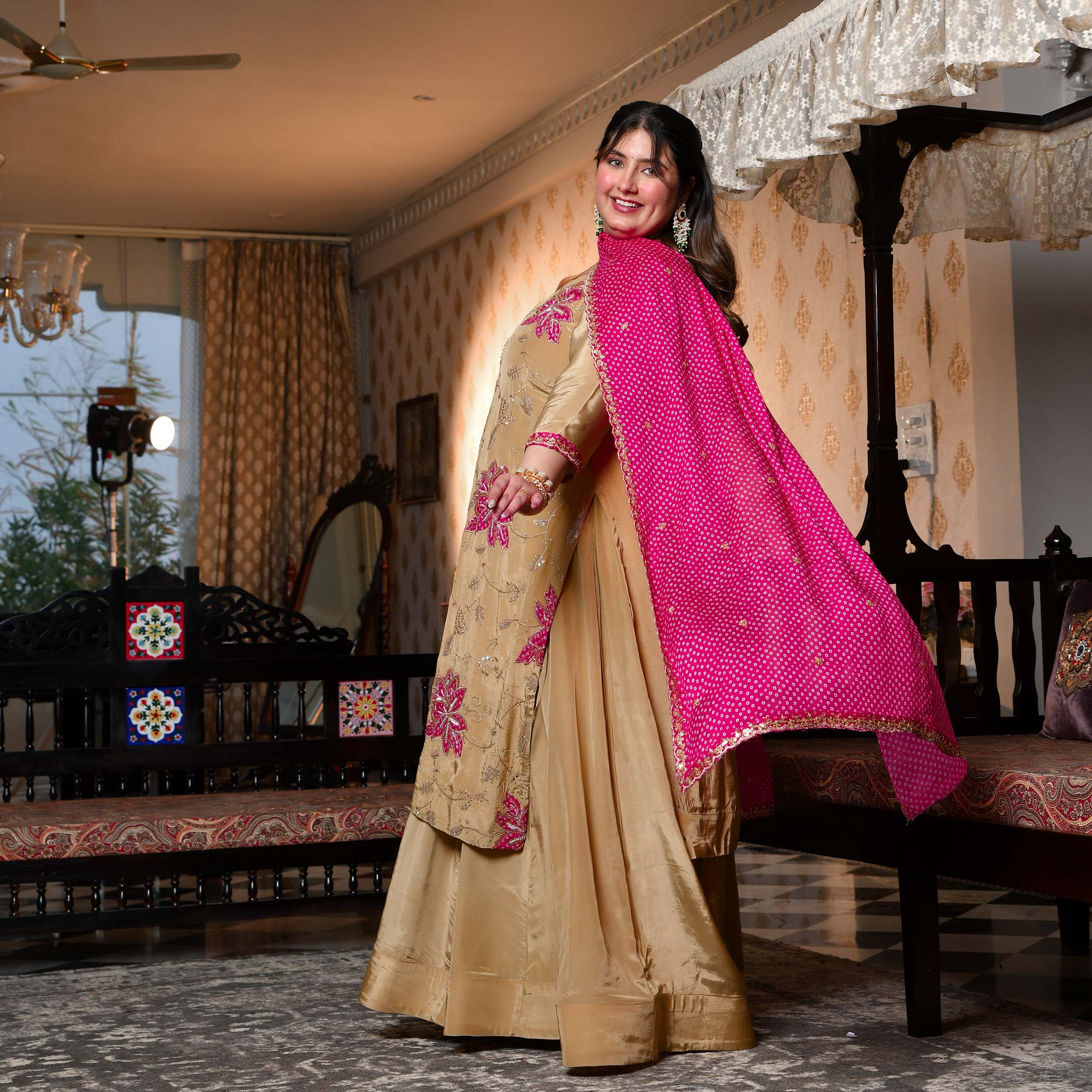 Ishq wala Love- Gold & Pink Pure Crepe Cutdana Embroidered Kurta Skirt Set