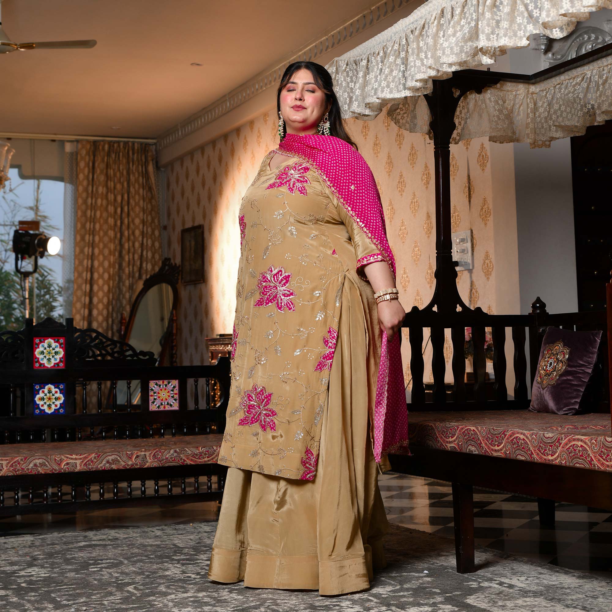 Ishq wala Love- Gold & Pink Pure Crepe Cutdana Embroidered Kurta Skirt Set