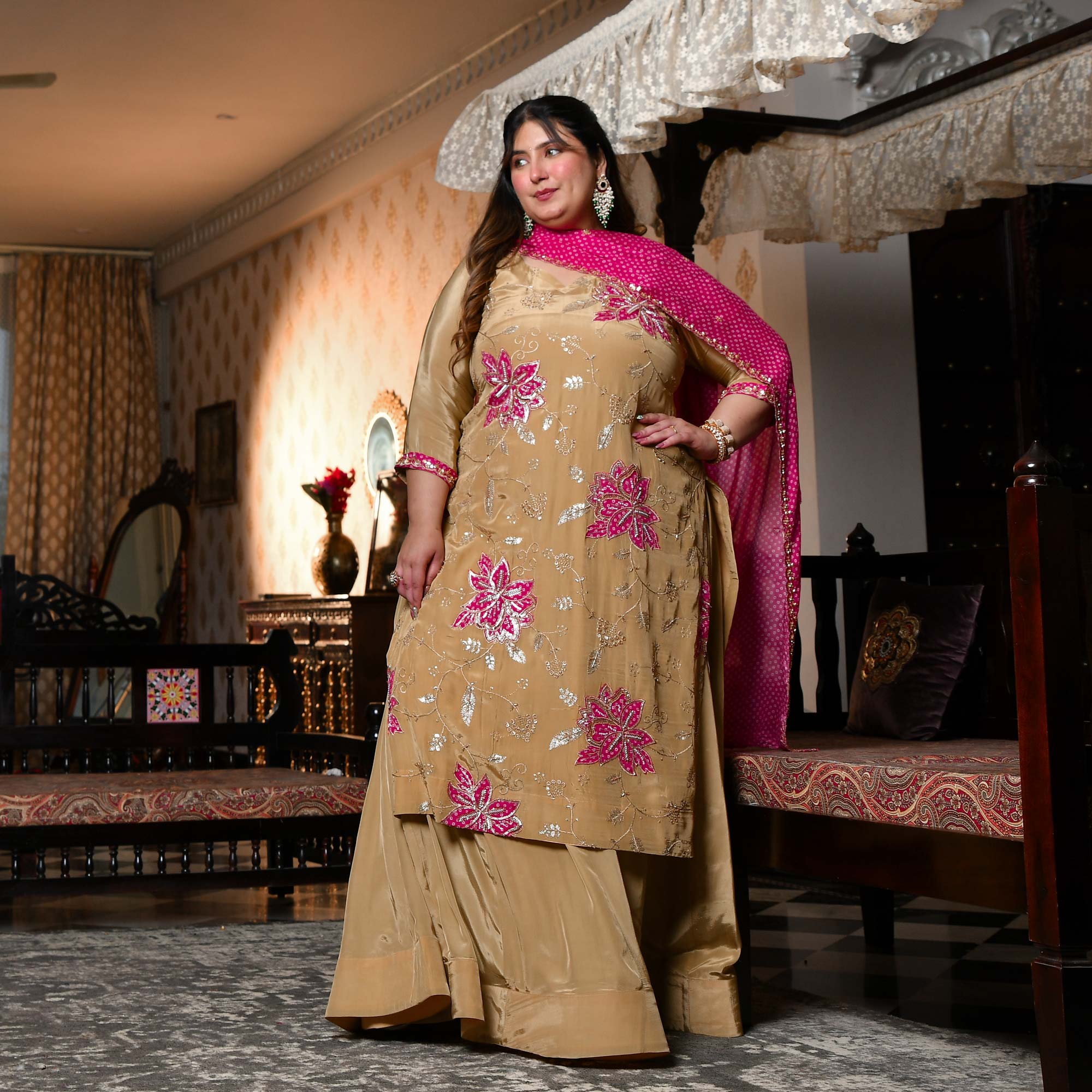 Ishq wala Love- Gold & Pink Pure Crepe Cutdana Embroidered Kurta Skirt Set