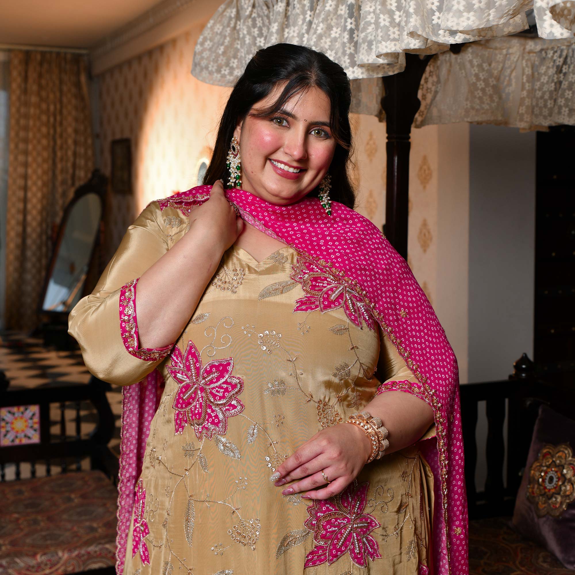 Ishq wala Love- Gold & Pink Pure Crepe Cutdana Embroidered Kurta Skirt Set