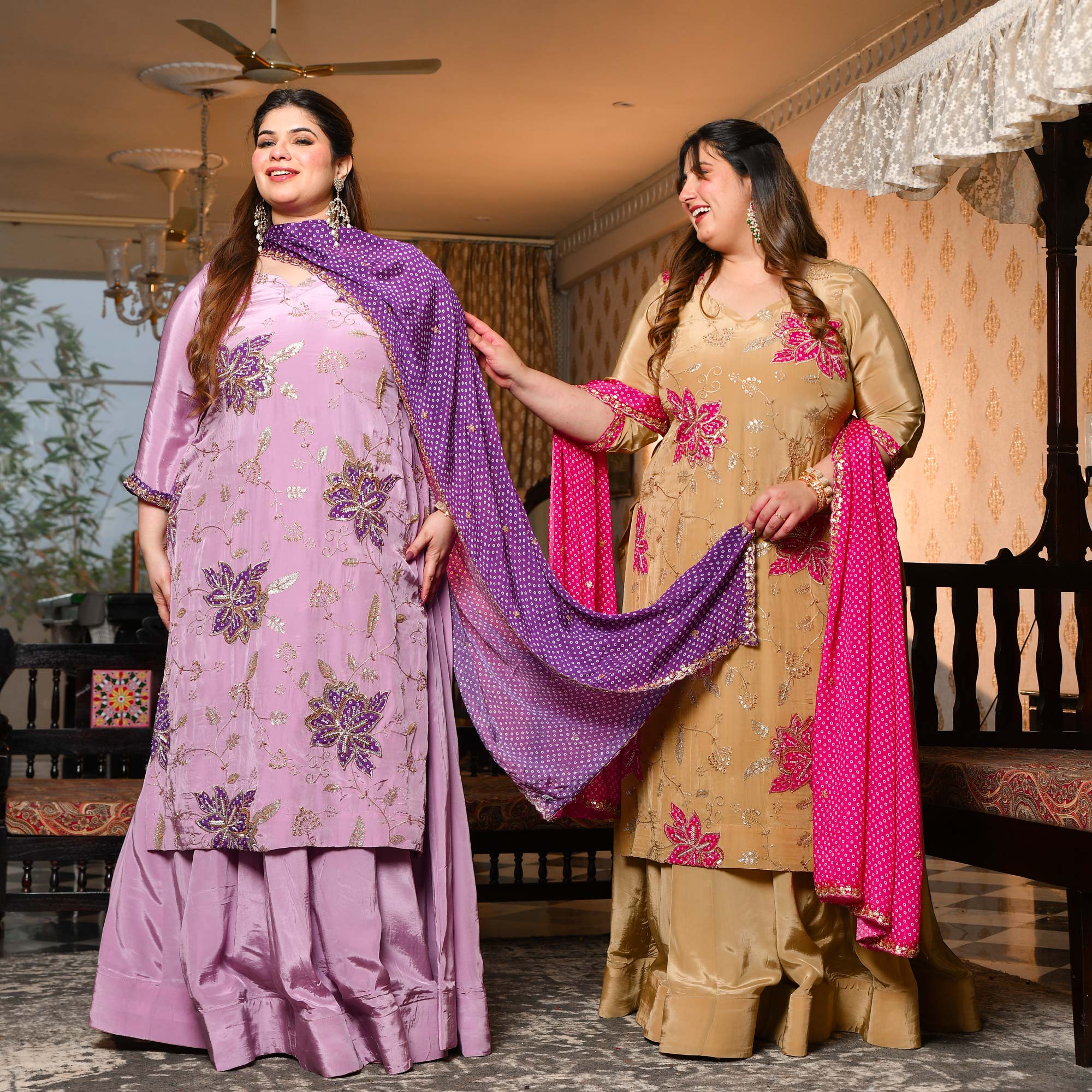 Ishq wala Love- Gold & Pink Pure Crepe Cutdana Embroidered Kurta Skirt Set