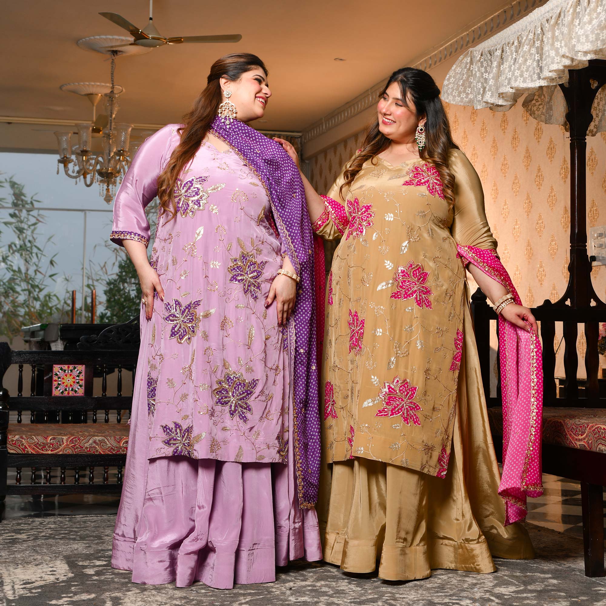 Ishq wala Love- Gold & Pink Pure Crepe Cutdana Embroidered Kurta Skirt Set