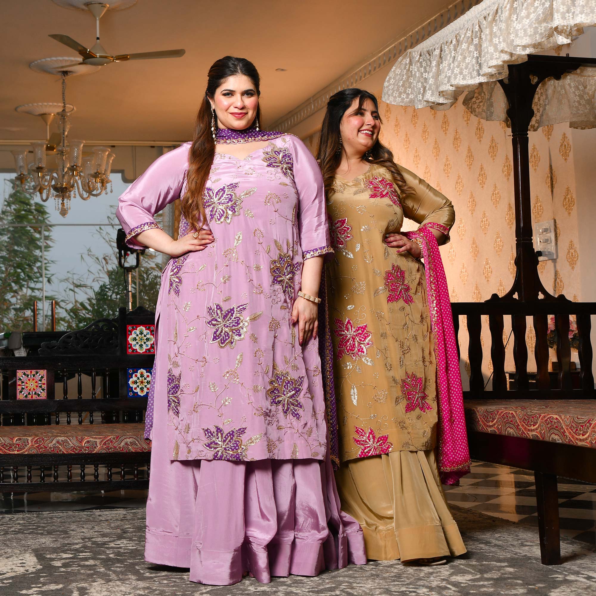Ishq wala Love- Gold & Pink Pure Crepe Cutdana Embroidered Kurta Skirt Set