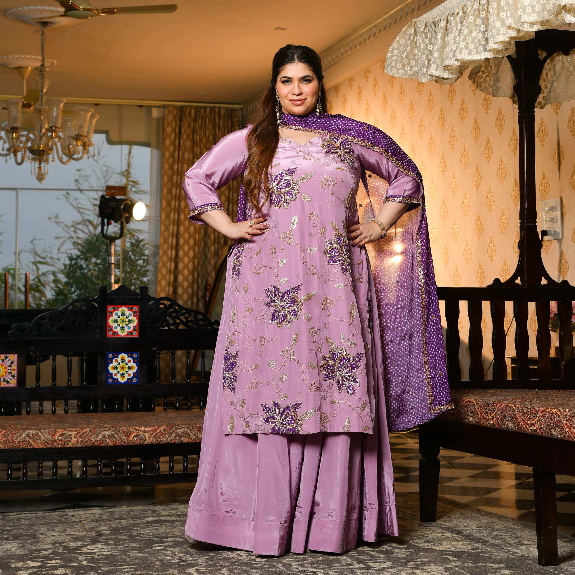 Dekha Tenu- Lilac & Purple Pure Crepe Cutdana Embroidered Kurta Skirt Set