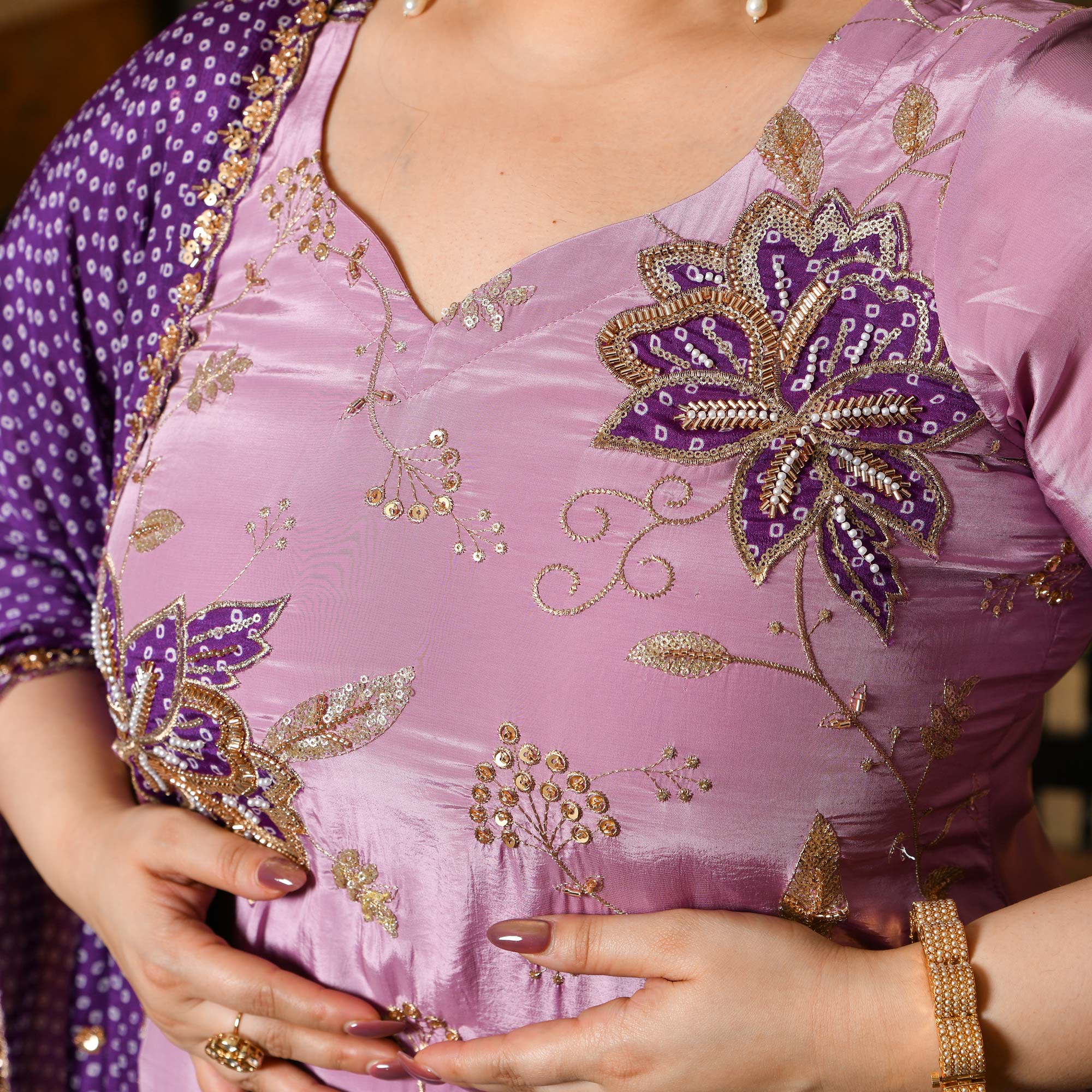 Dekha Tenu- Lilac & Purple Pure Crepe Cutdana Embroidered Kurta Skirt Set