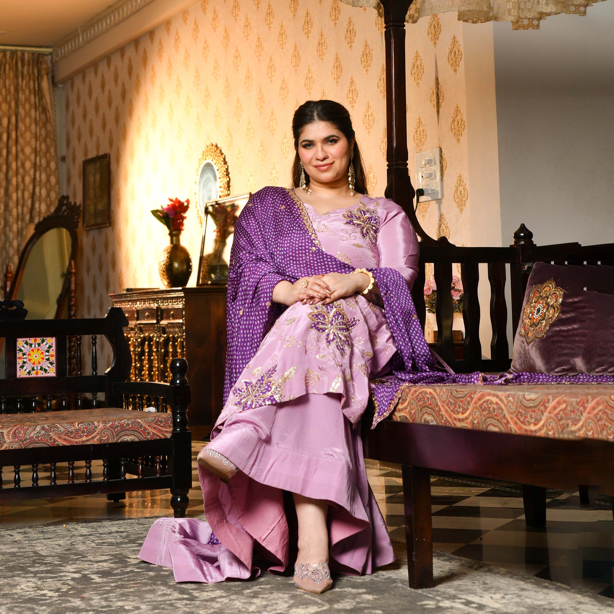 Dekha Tenu- Lilac & Purple Pure Crepe Cutdana Embroidered Kurta Skirt Set
