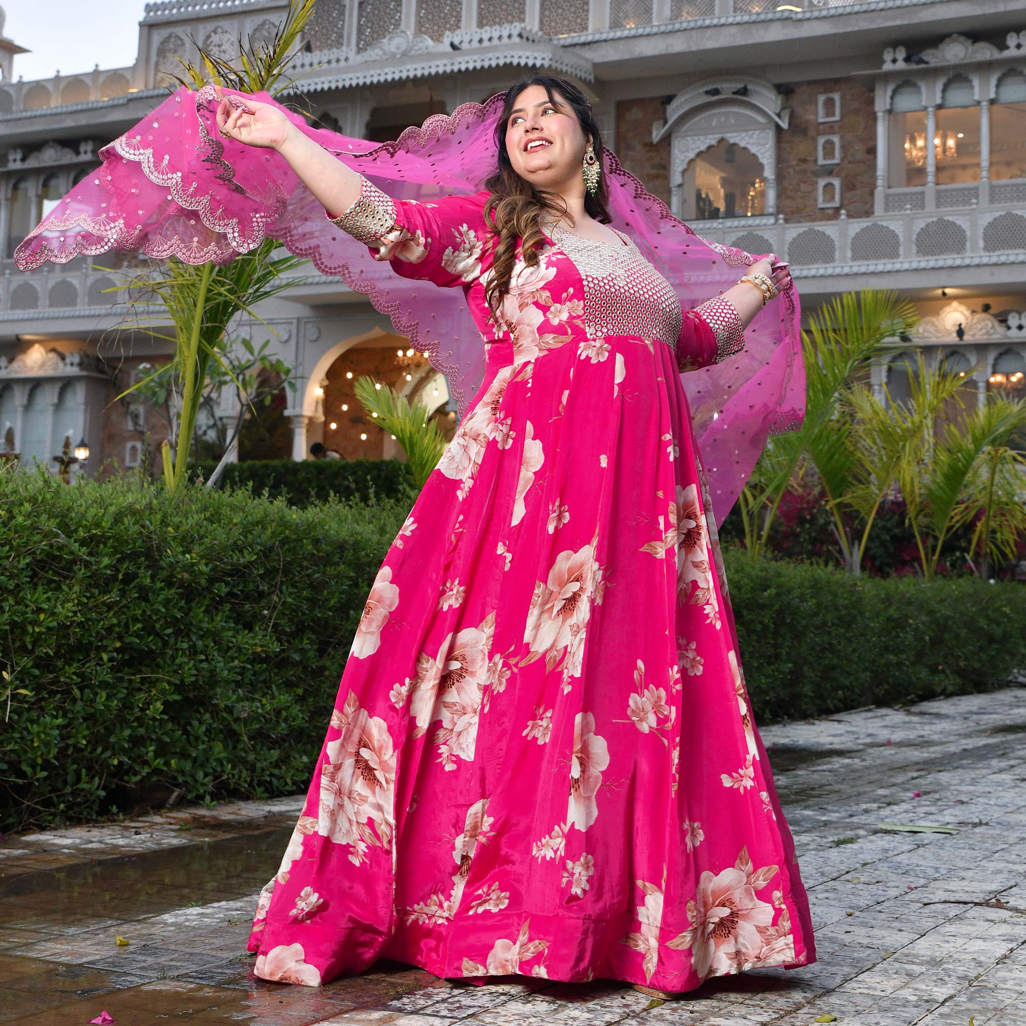Dream Girl- Pink Pure Crepe Mirror Embroidered Anarkali Set