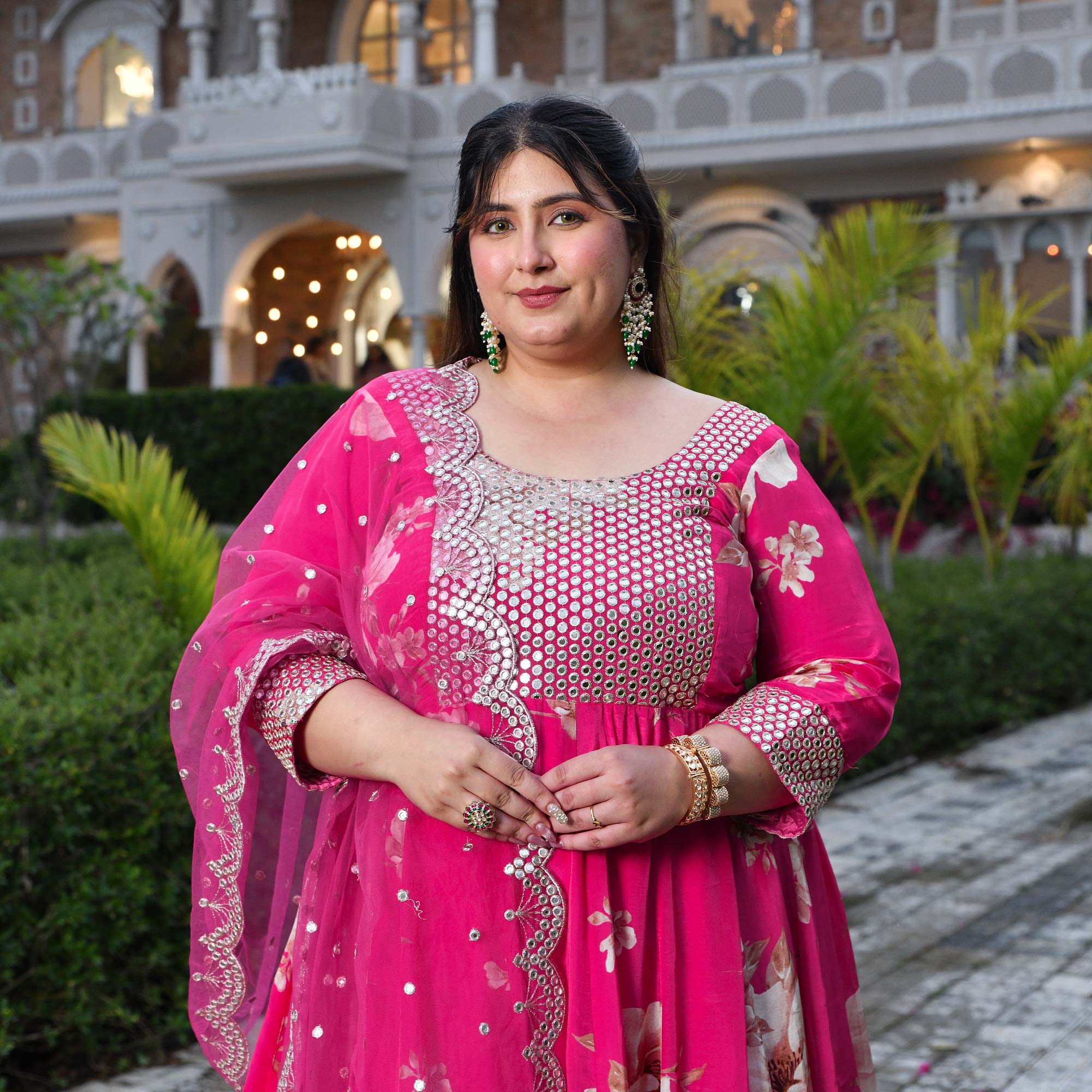 Dream Girl- Pink Pure Crepe Mirror Embroidered Anarkali Set
