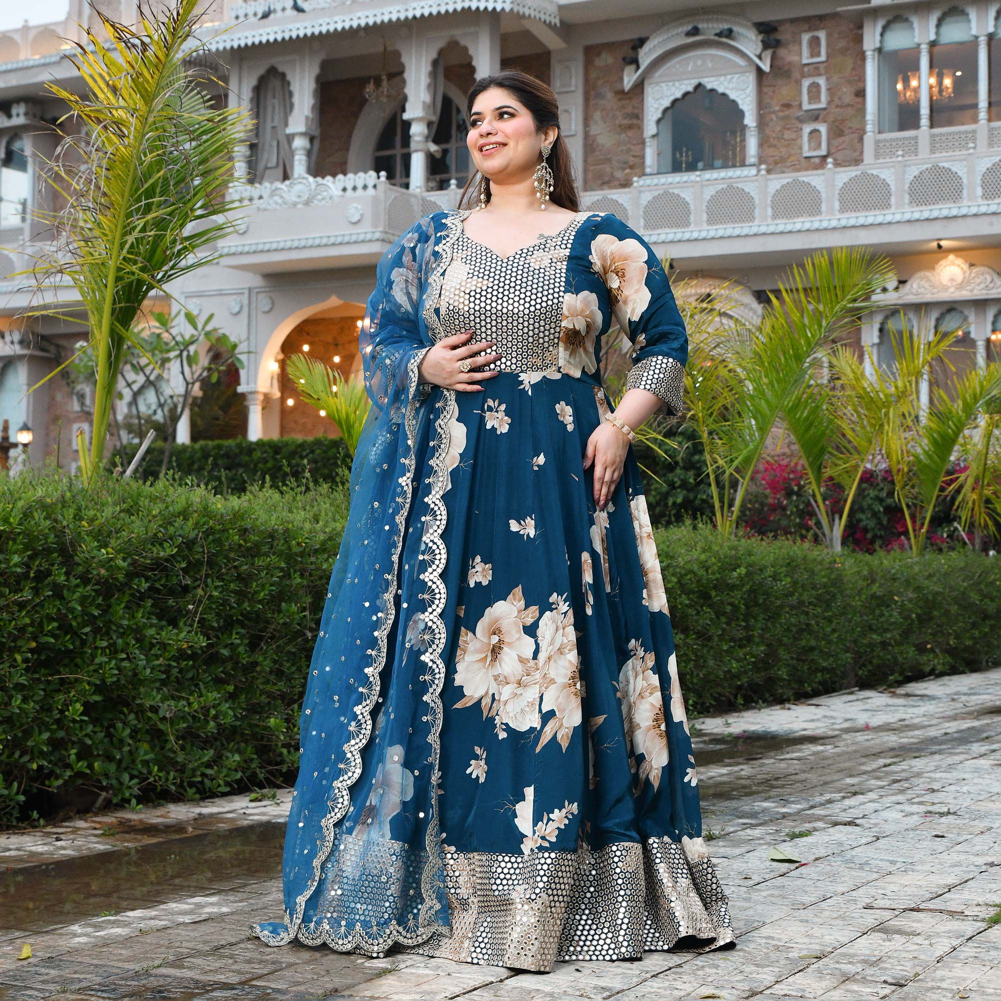 Dil Jhoom- Dark Blue Floral Pure Crepe Mirror Embroidered Anarkali Set