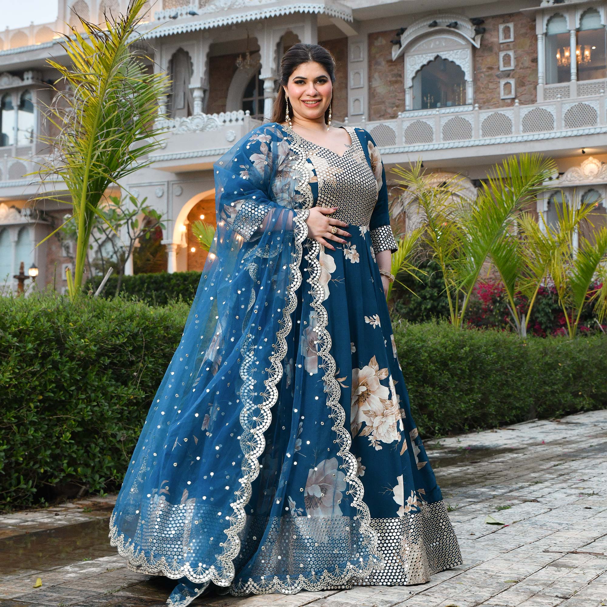 Dil Jhoom- Dark Blue Floral Pure Crepe Mirror Embroidered Anarkali Set