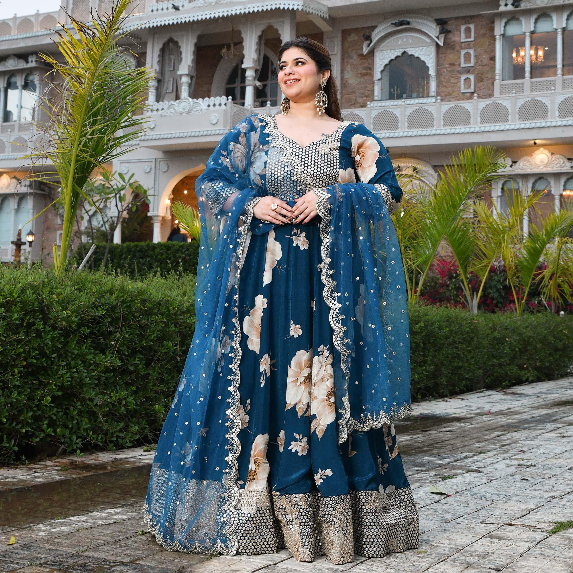 Dil Jhoom- Dark Blue Floral Pure Crepe Mirror Embroidered Anarkali Set