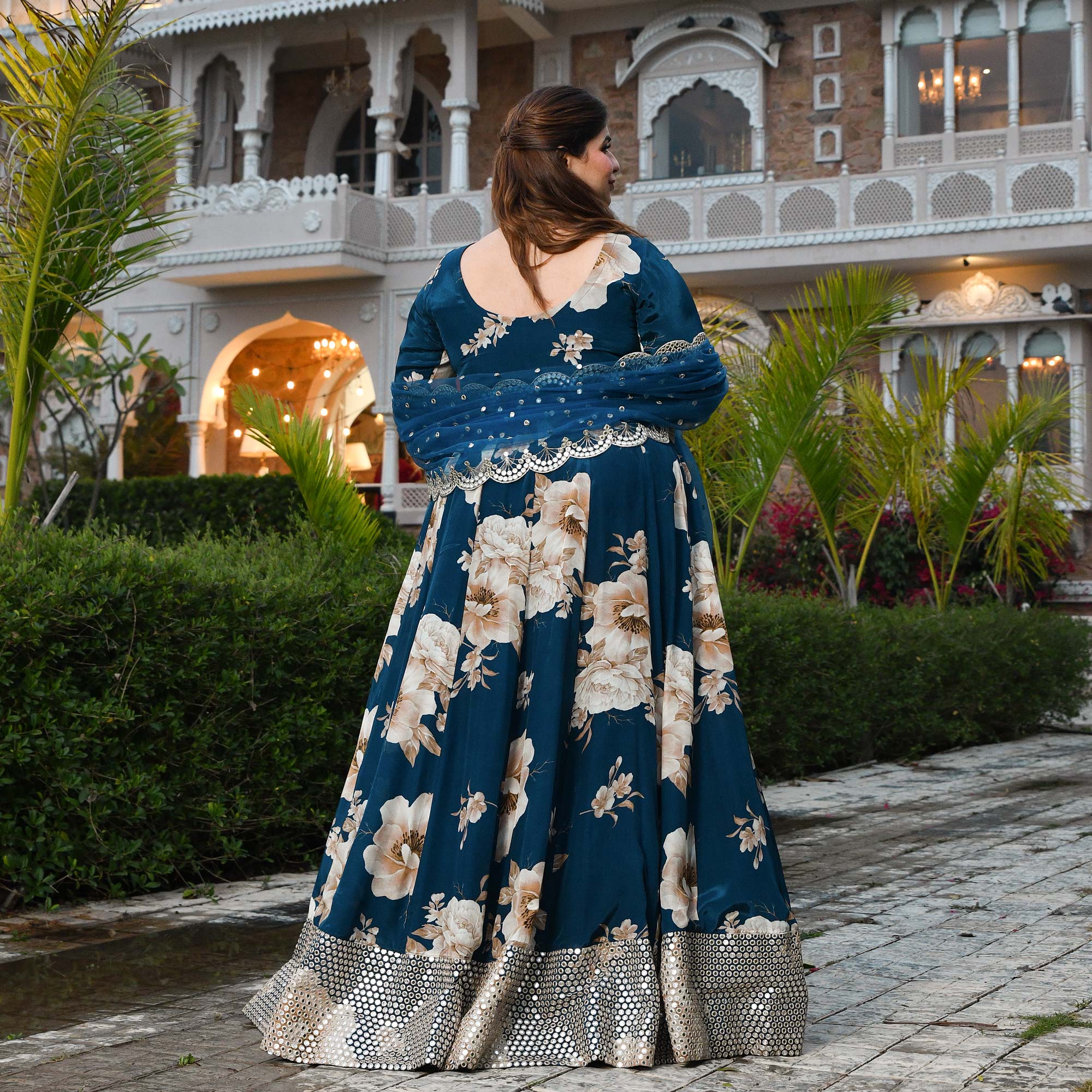 Dil Jhoom- Dark Blue Floral Pure Crepe Mirror Embroidered Anarkali Set
