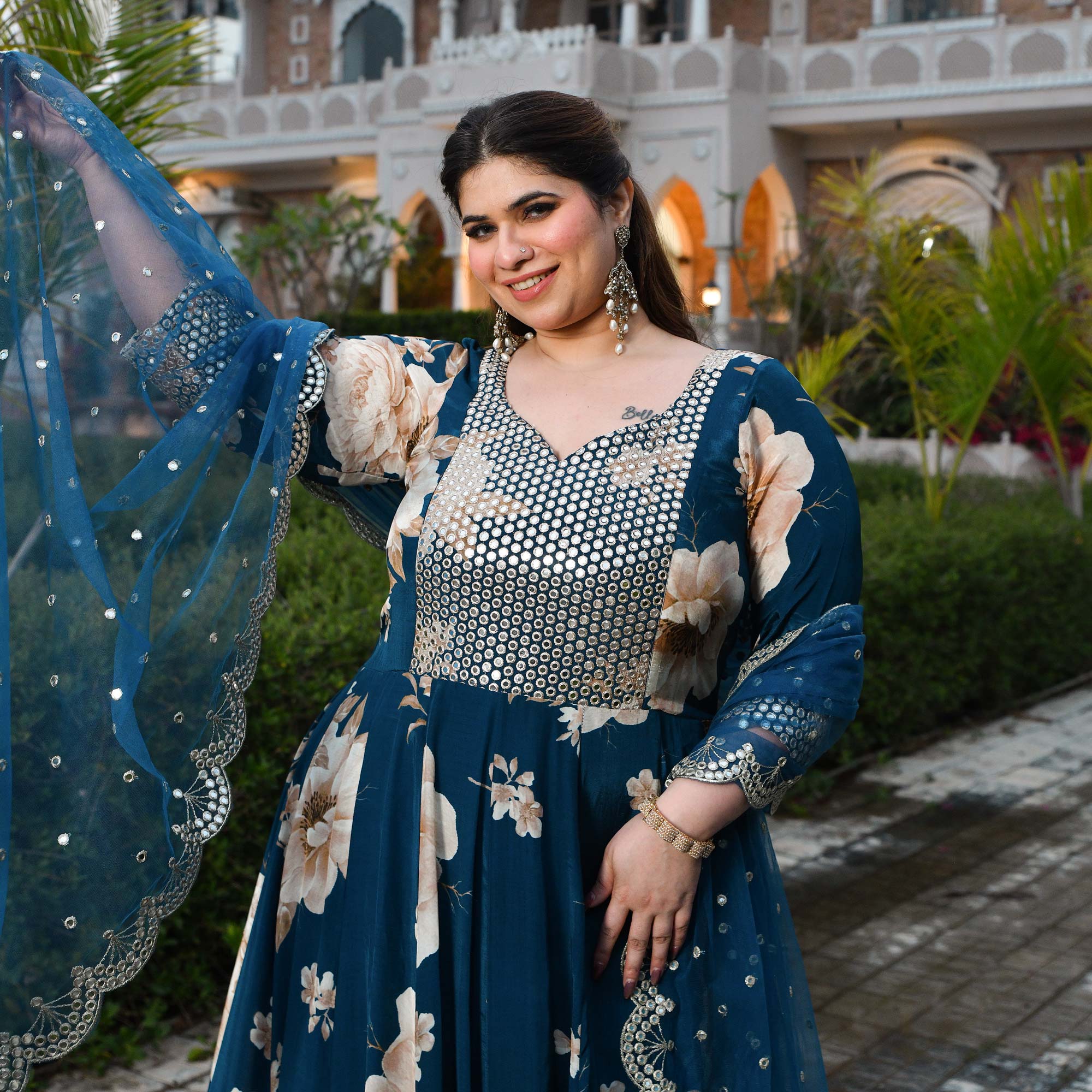 Dil Jhoom- Dark Blue Floral Pure Crepe Mirror Embroidered Anarkali Set