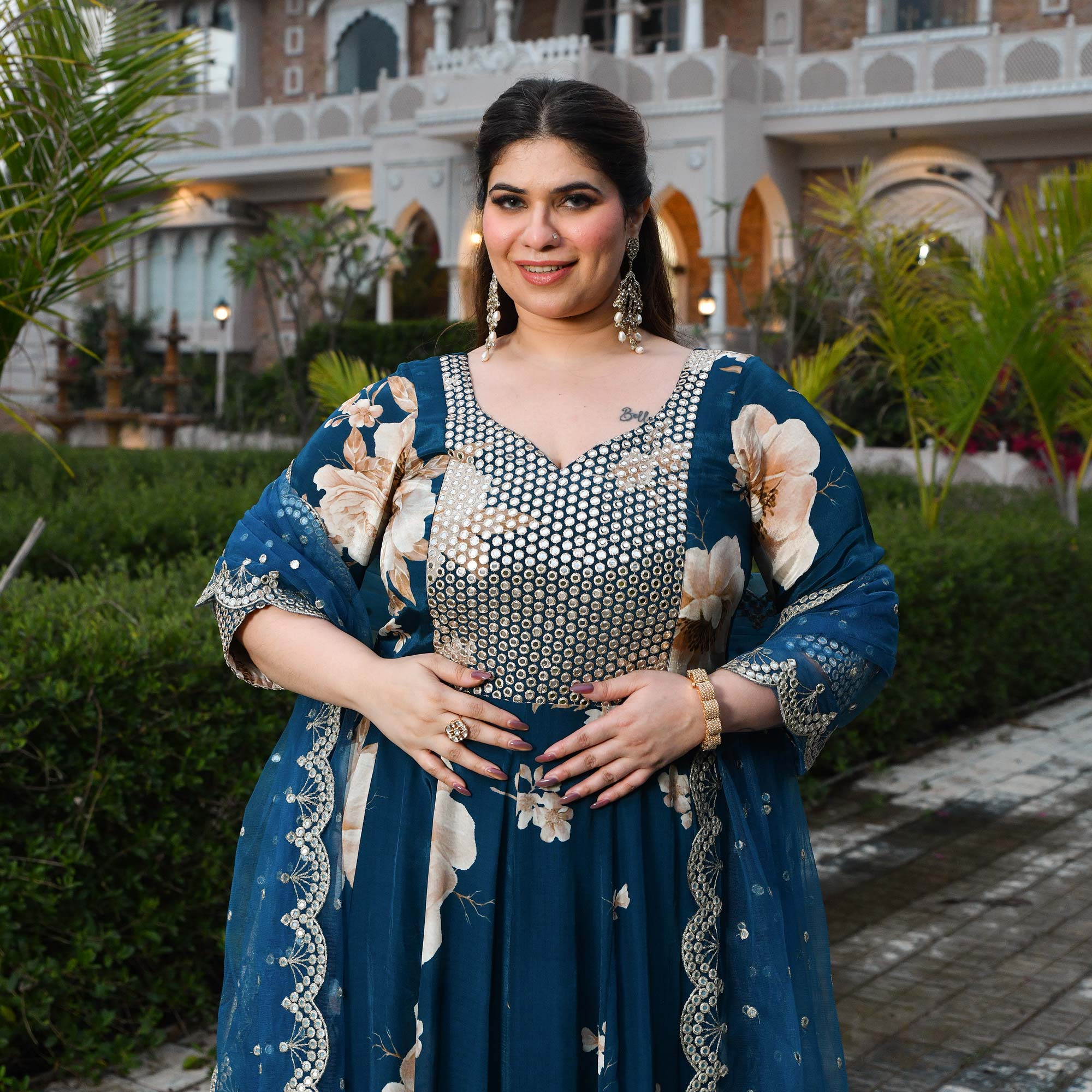 Dil Jhoom- Dark Blue Floral Pure Crepe Mirror Embroidered Anarkali Set