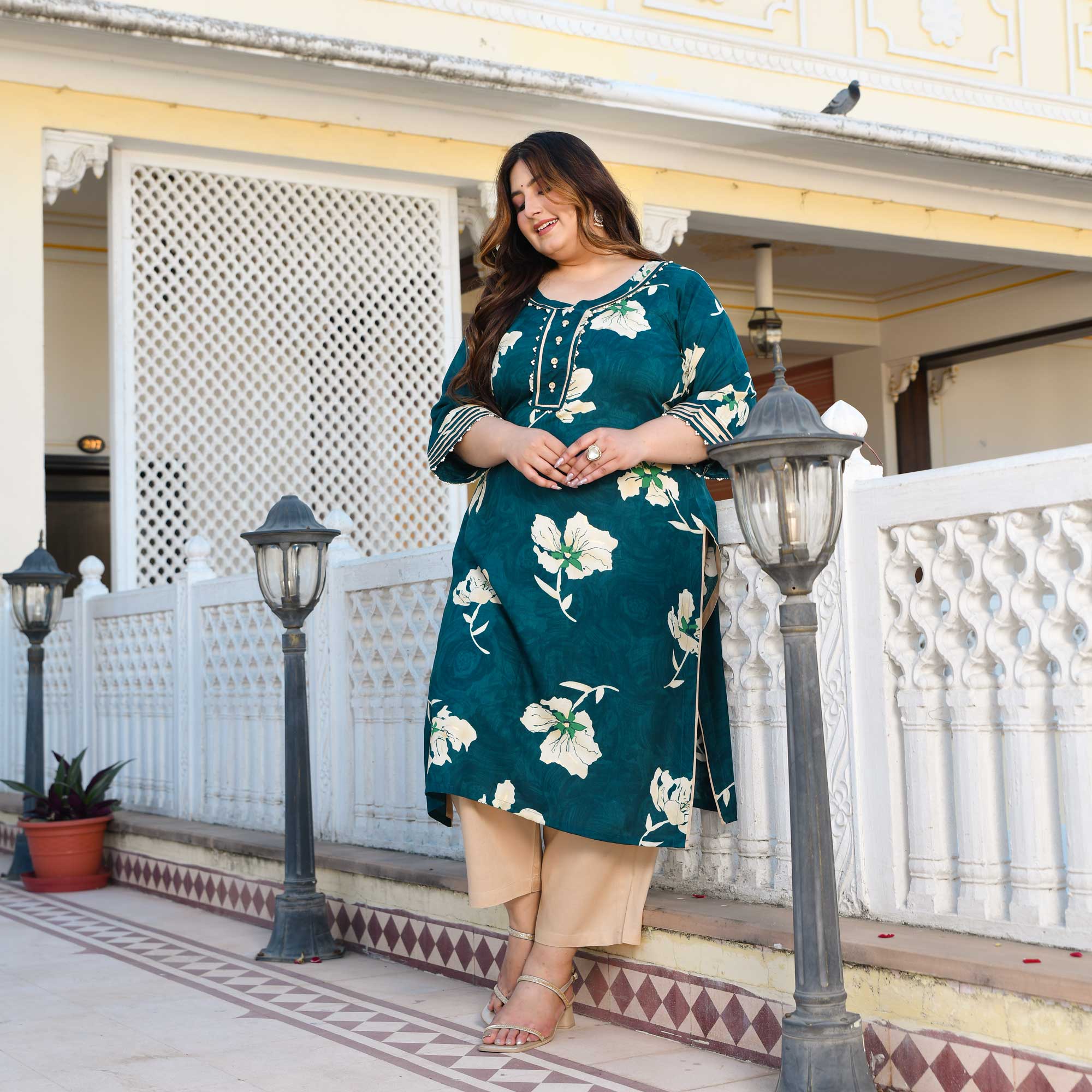 Jay Blue Floral Print Rayon Kurta