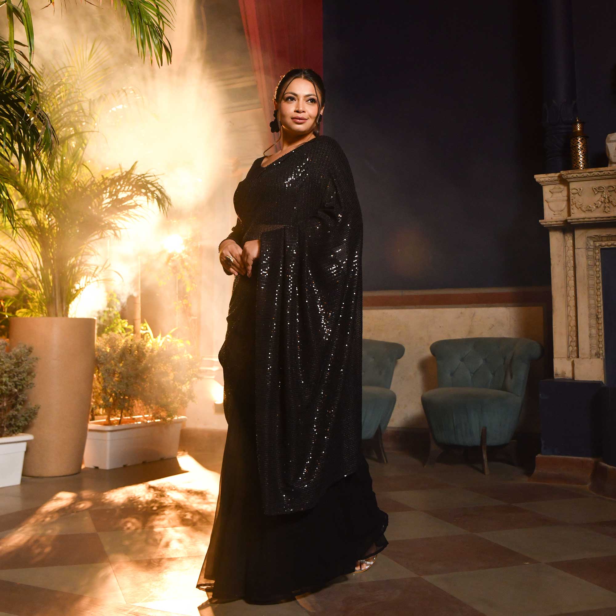 Cosmic Black Sequin Drape Saree Set