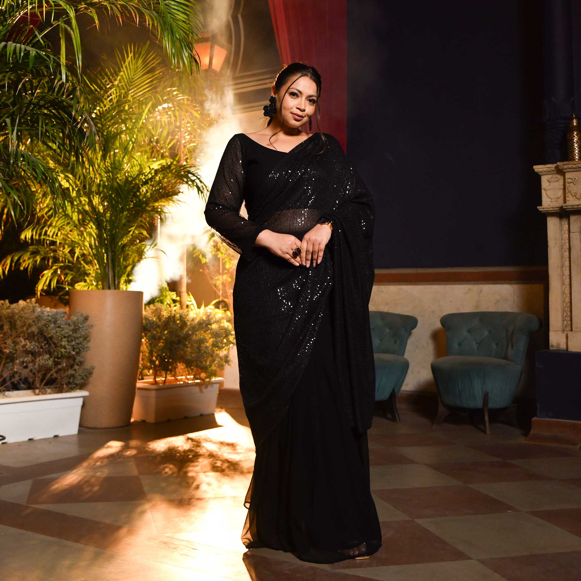 Cosmic Black Sequin Drape Saree Set