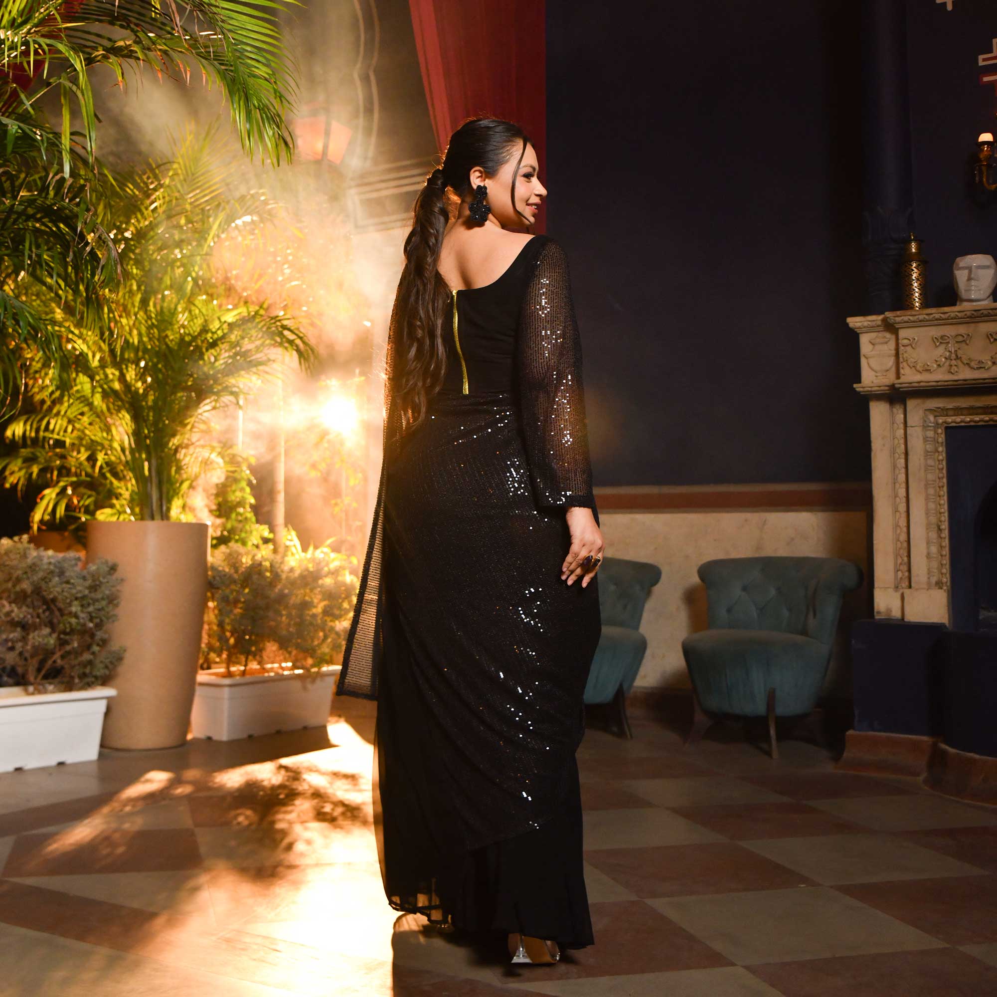 Cosmic Black Sequin Drape Saree Set